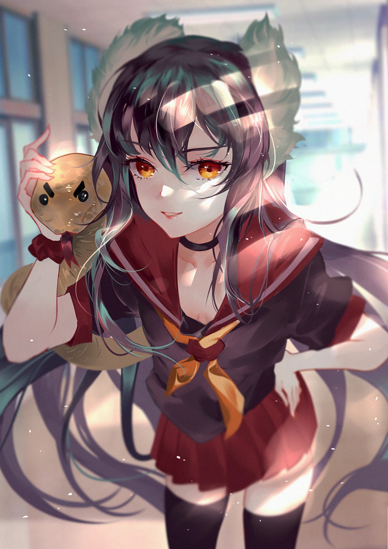 Anime girl with plush toy in school uniform HD Phone Wallpaper