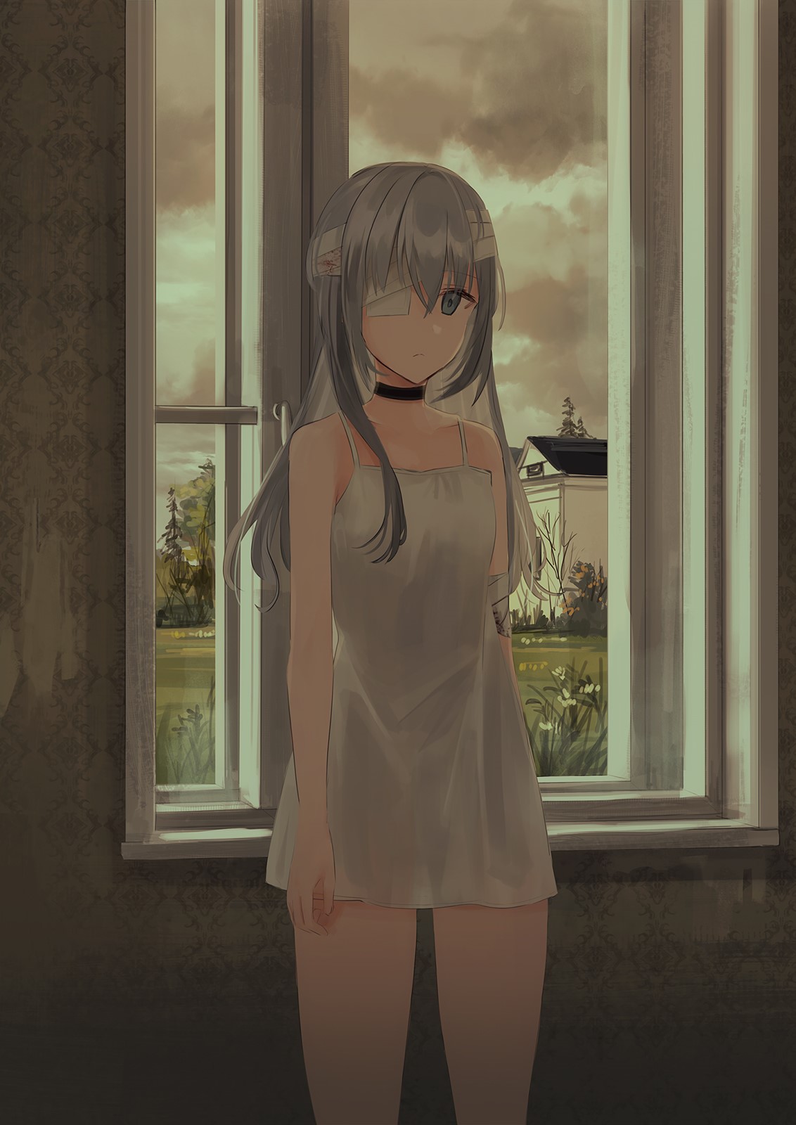 Anime girl with gray hair and eyepatch by window HD Phone Wallpaper