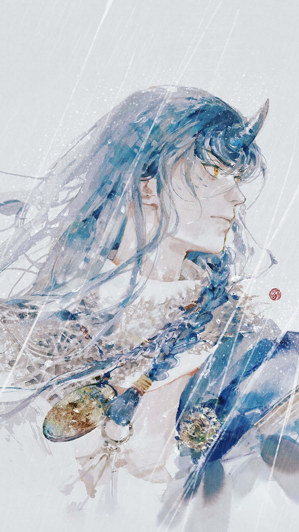 Illustration of a blue-haired demon with a horn in the rain HD Phone Wallpaper