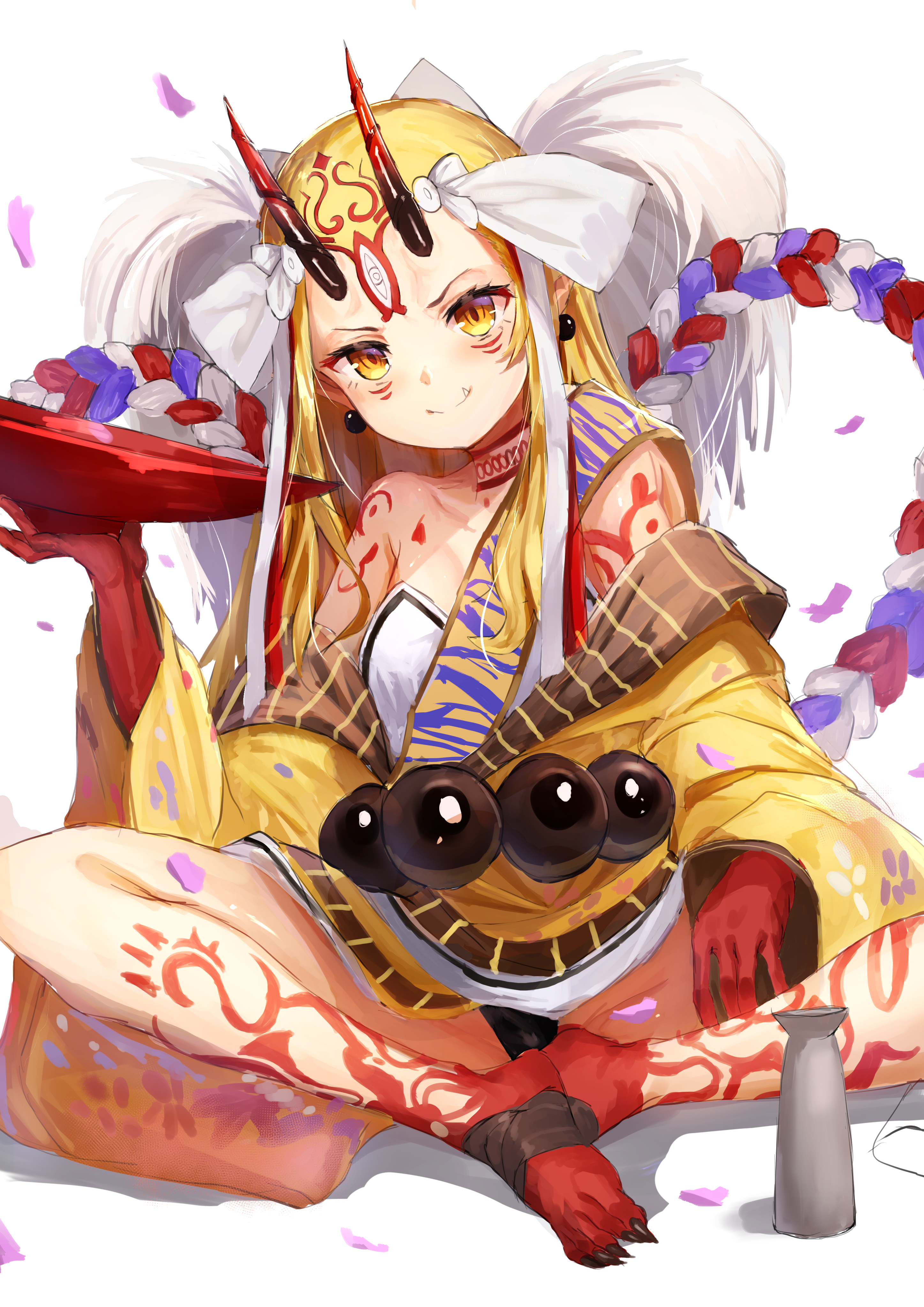 Anime girl with horns and yellow kimono HD Phone Wallpaper