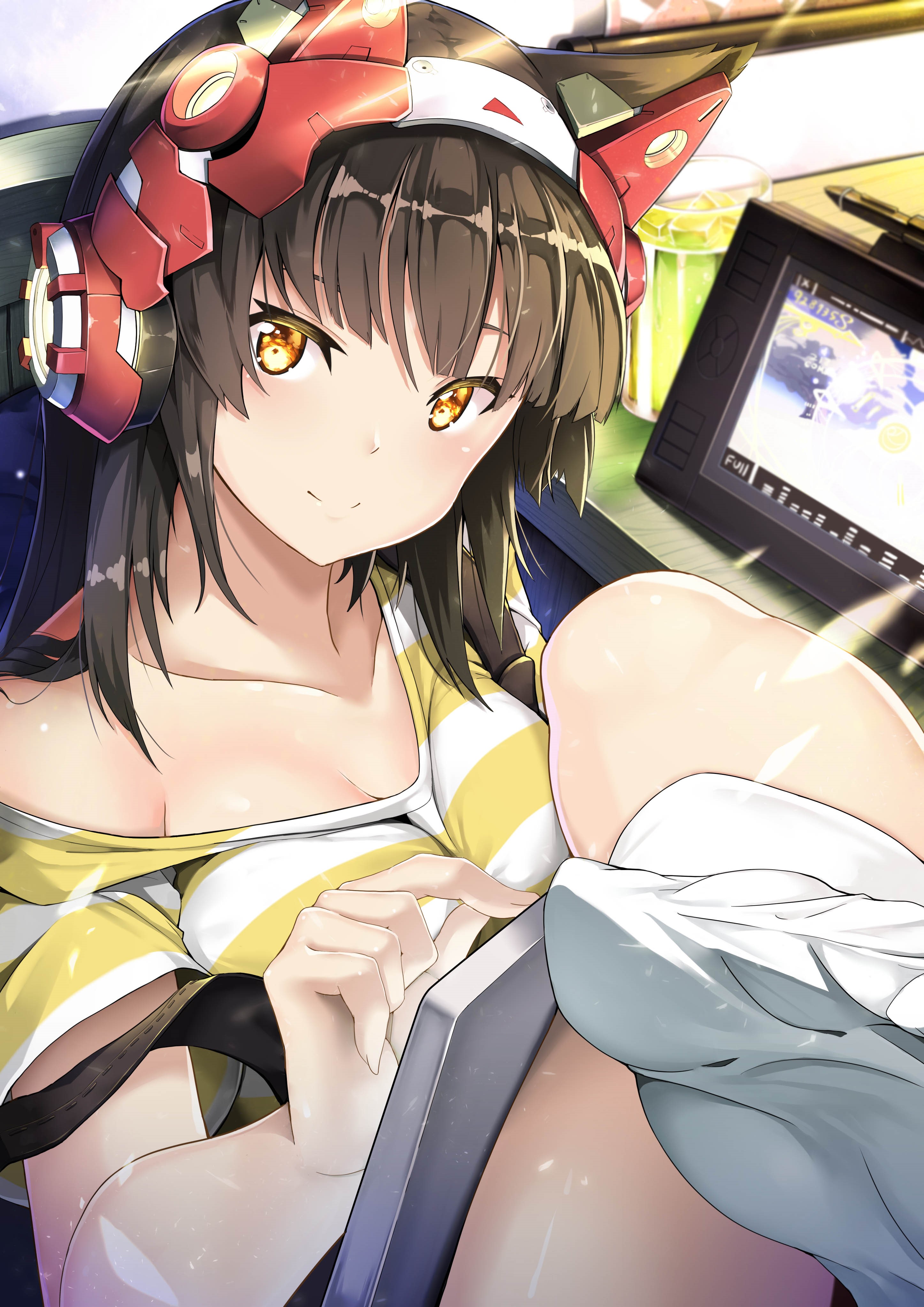 Anime girl with headphones and tablet HD Phone Wallpaper