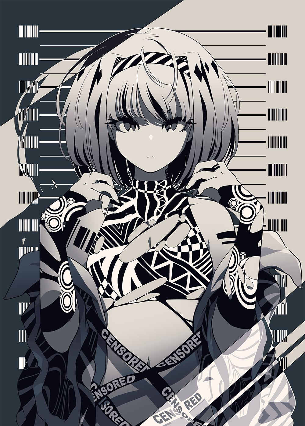 Anime girl with black and white patterns HD Phone Wallpaper
