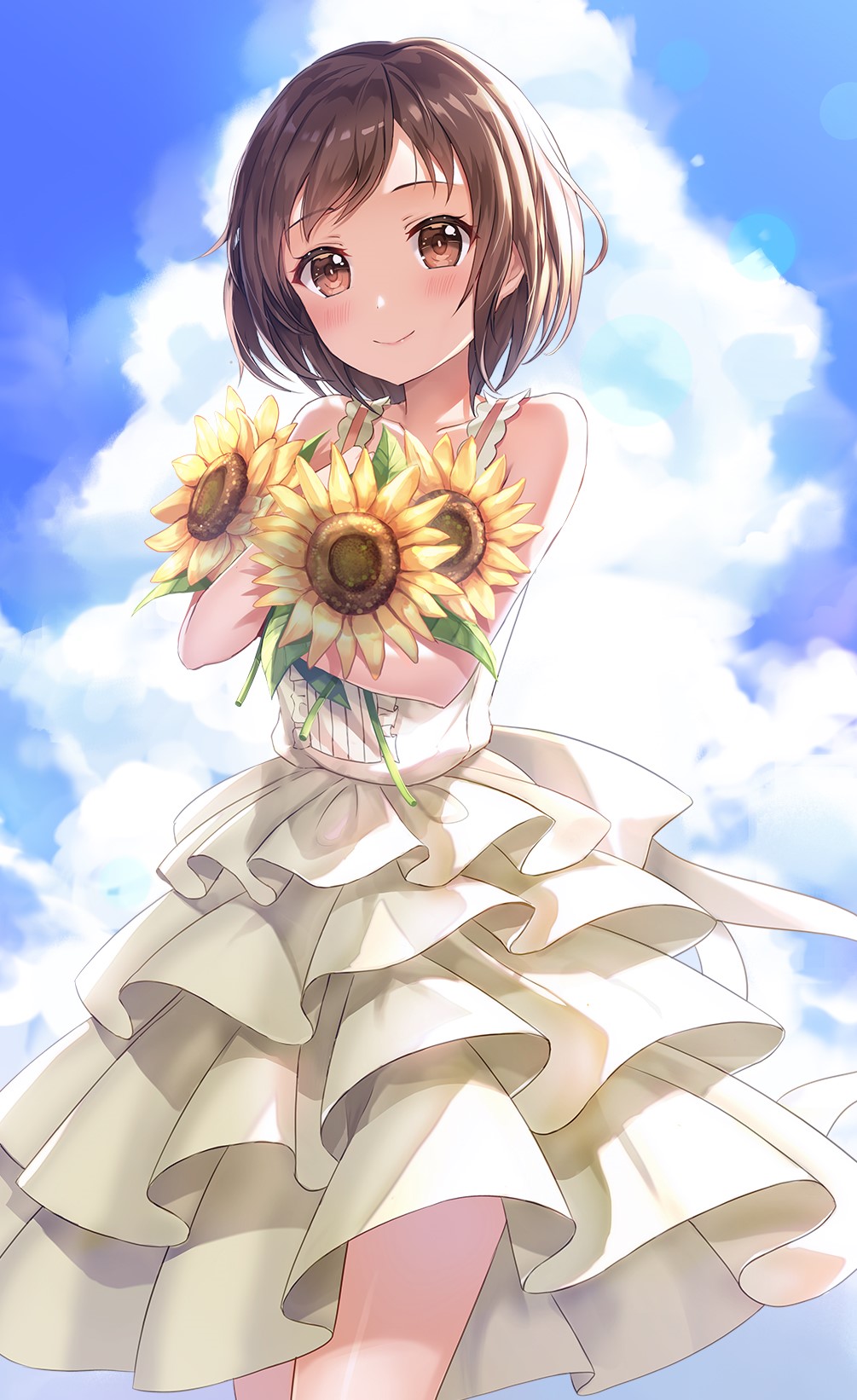 Anime girl holding sunflowers in a white dress HD Phone Wallpaper