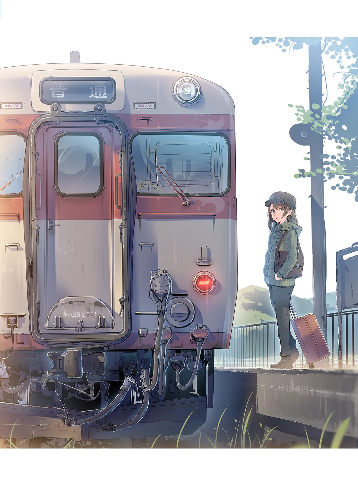 Anime girl with suitcase at train station HD Phone Wallpaper