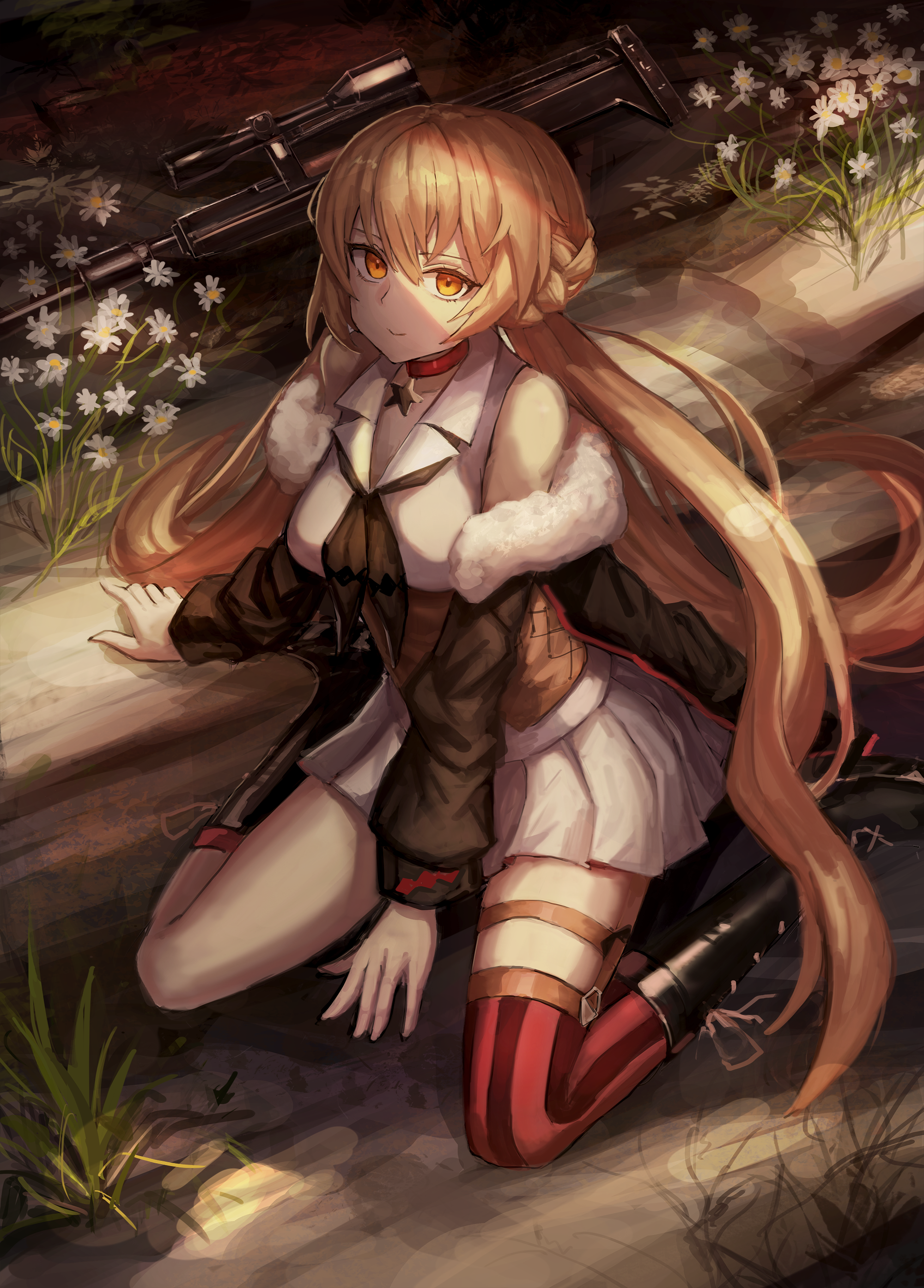 Anime girl with rifle in forest HD Phone Wallpaper