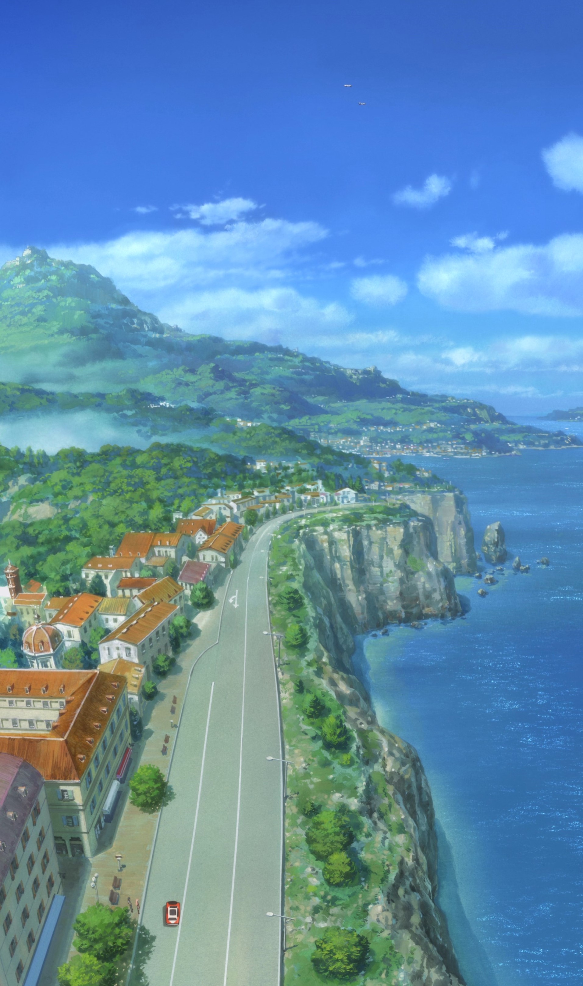 Anime coastal town with mountains and sea HD Phone Wallpaper