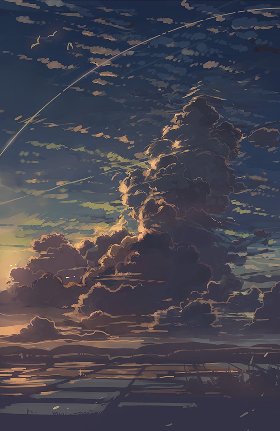 Digital painting of clouds and farmland at sunset HD Phone Wallpaper