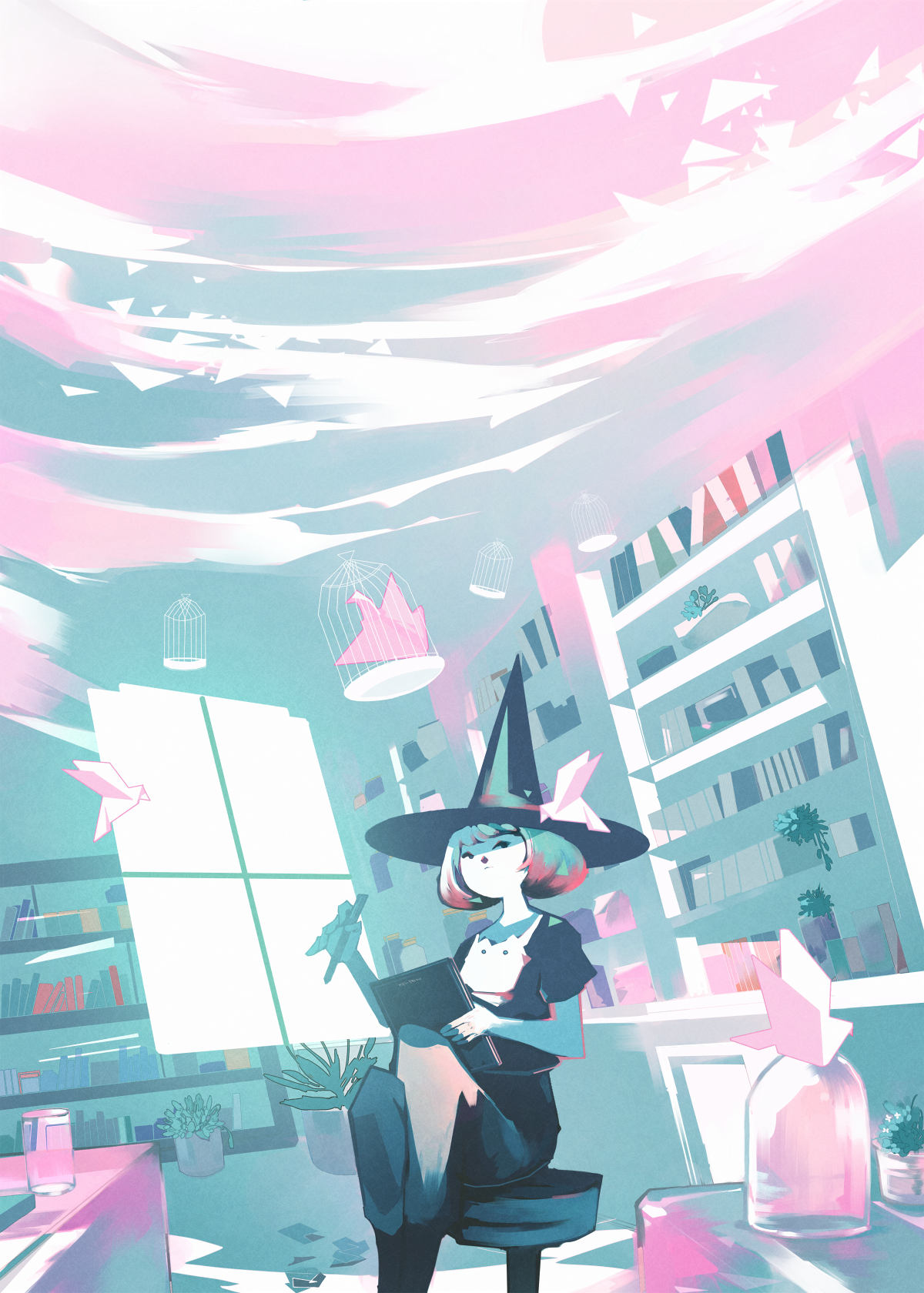 Witch reading a book with a cat in a room with bookshelves HD Phone Wallpaper