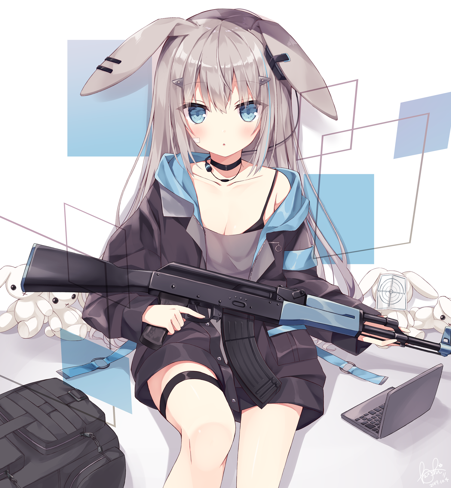 Anime girl with bunny ears holding a rifle HD Phone Wallpaper