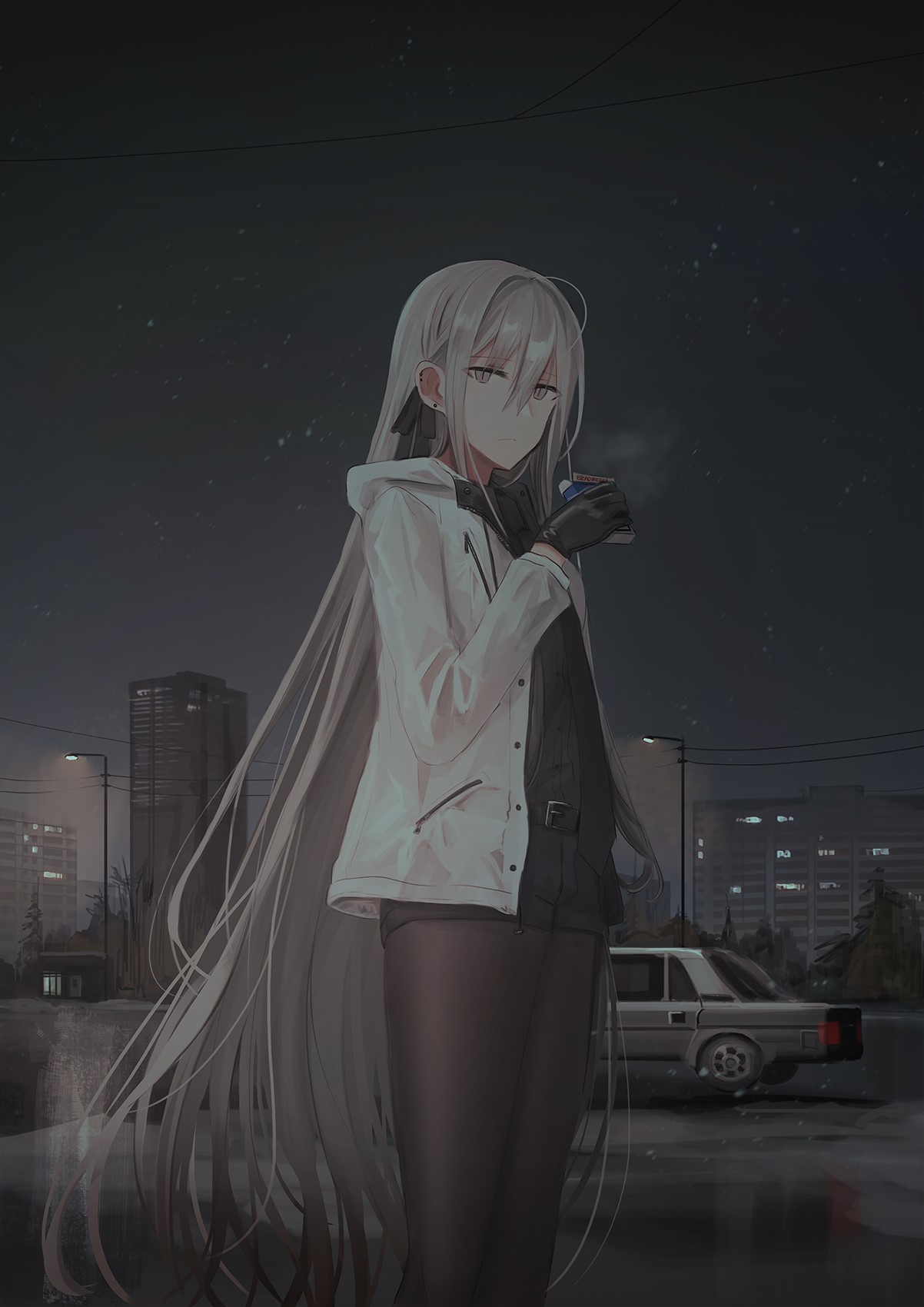 Anime girl with white hair in a white jacket at night HD Phone Wallpaper