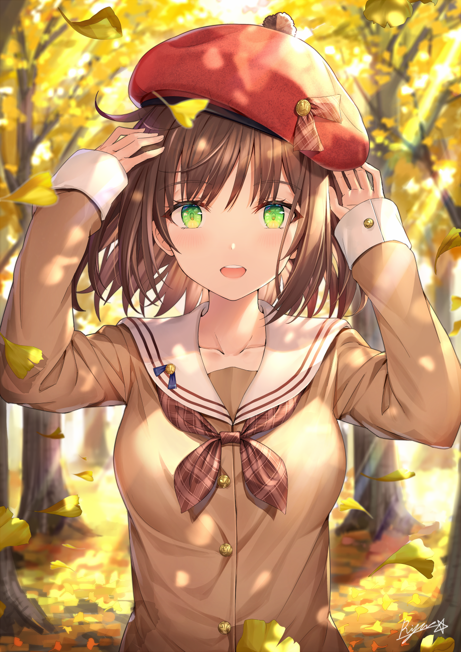 Anime girl in school uniform with red beret in autumn forest HD Phone Wallpaper