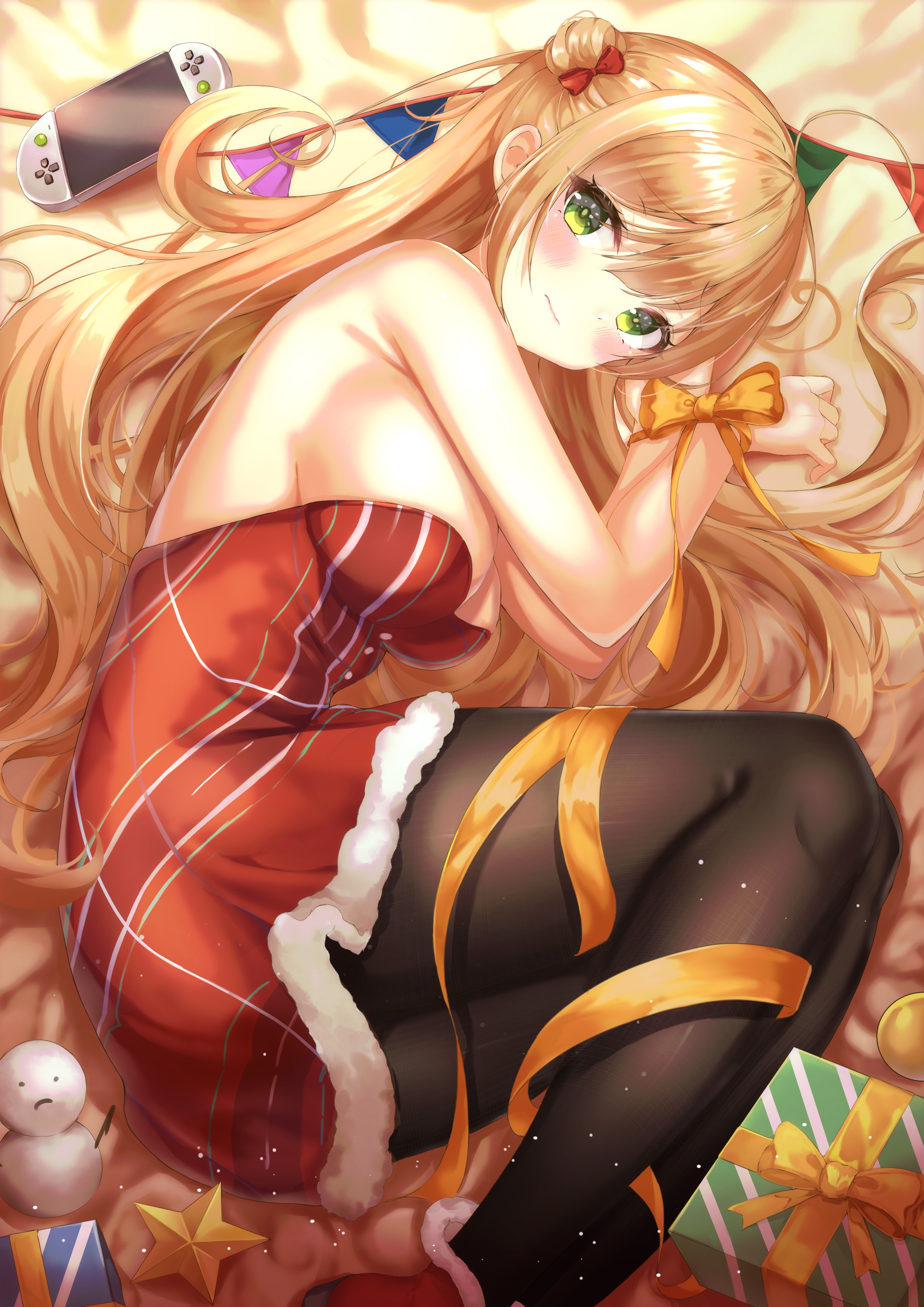 Anime girl in Christmas outfit lying down HD Phone Wallpaper