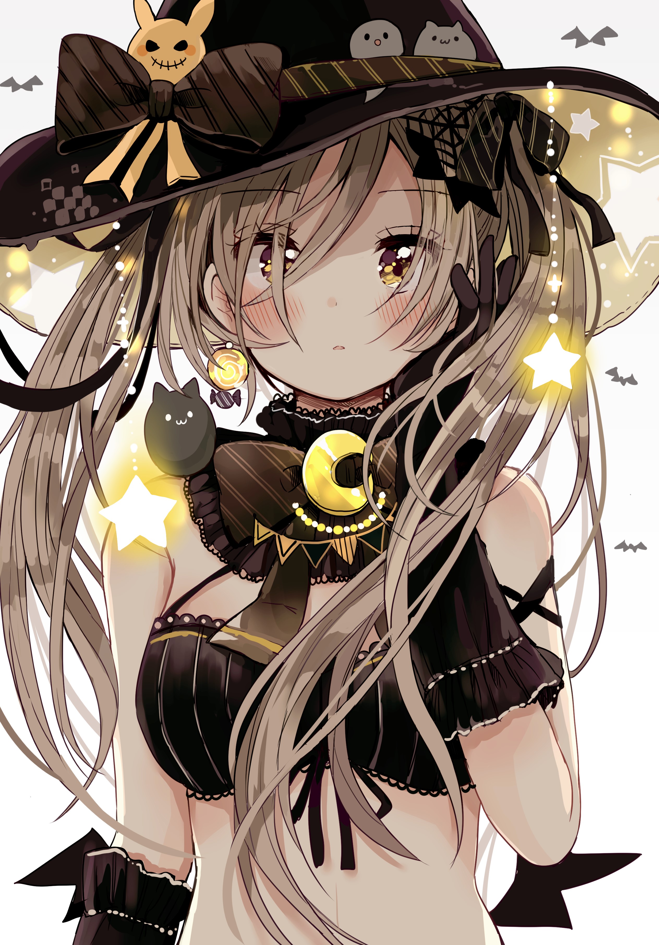Anime girl in witch costume with cat and stars HD Phone Wallpaper
