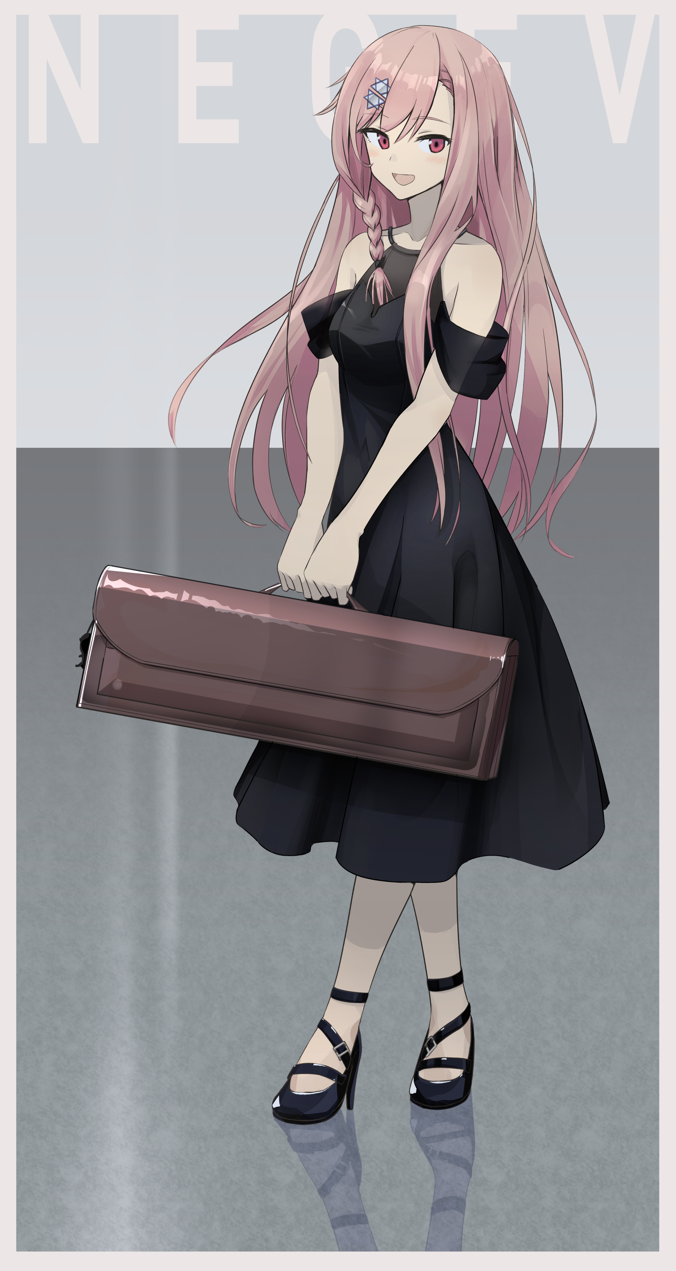 Anime girl with pink hair in black dress holding a briefcase HD Phone Wallpaper
