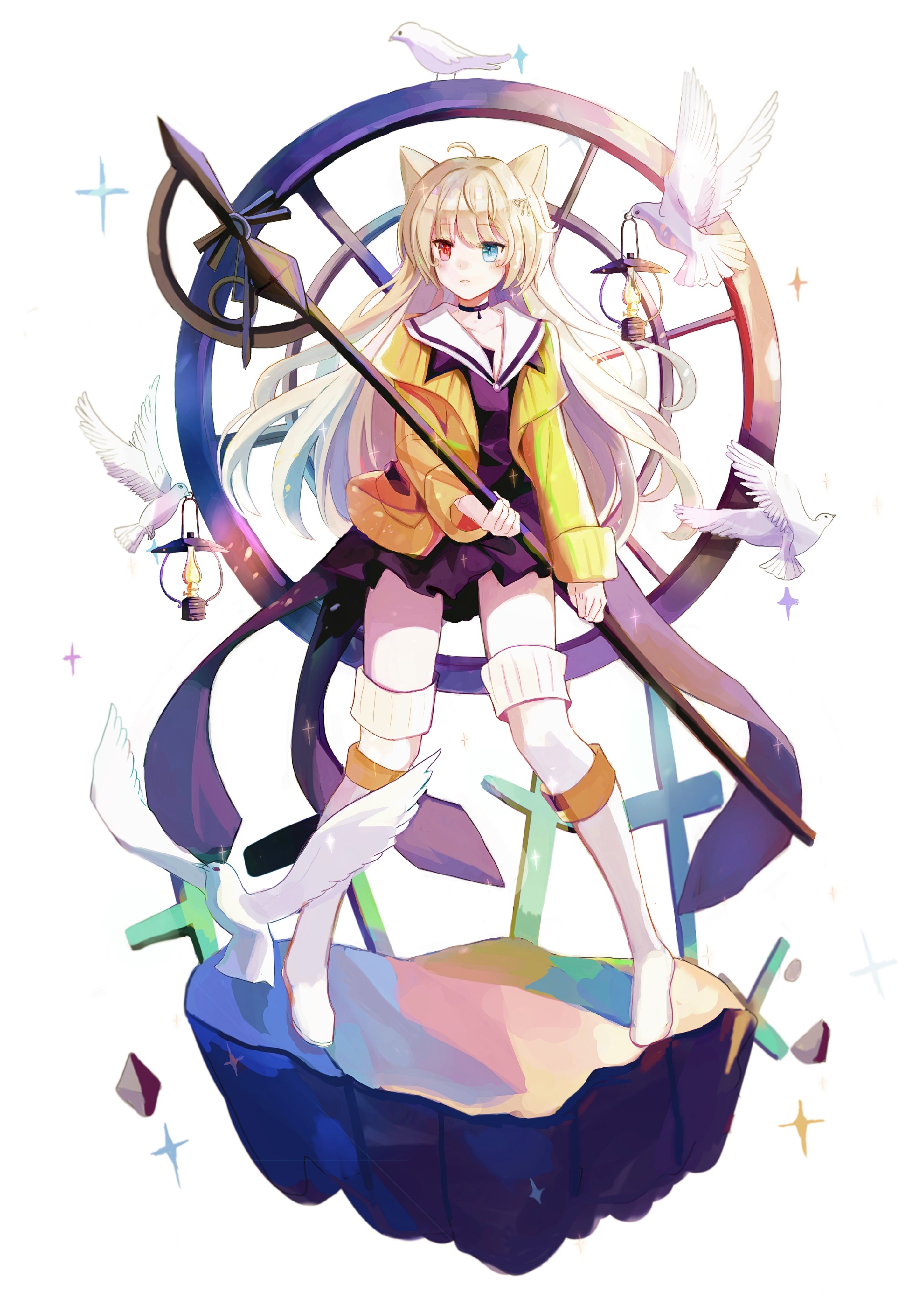 Anime girl with cat ears and staff HD Phone Wallpaper