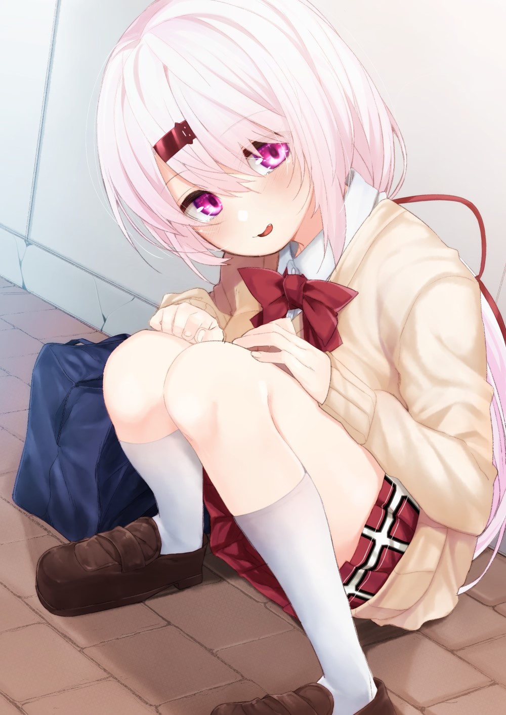 Anime girl with pink hair and purple eyes sitting HD Phone Wallpaper