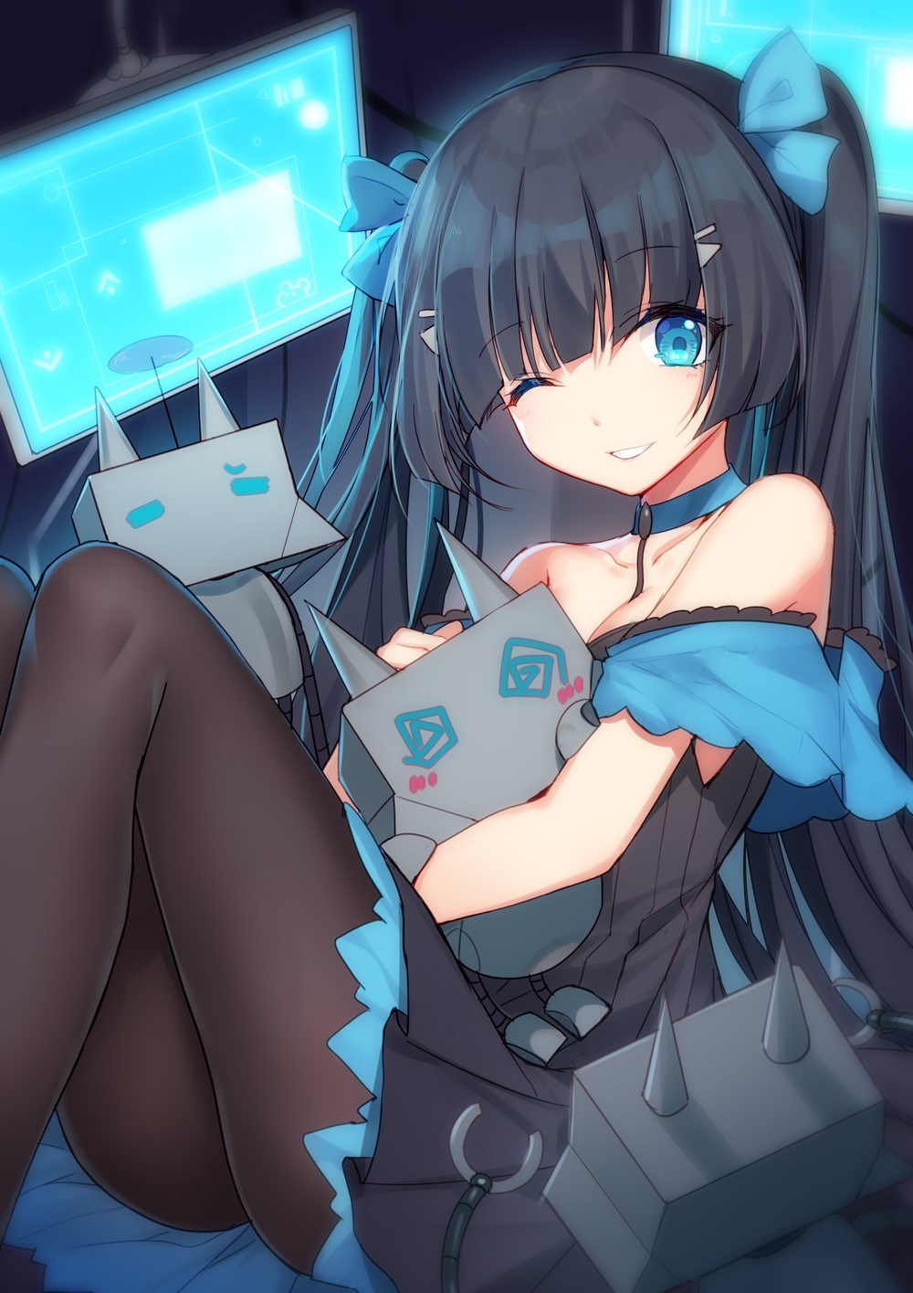 Anime girl with blue bows and robot companions HD Phone Wallpaper