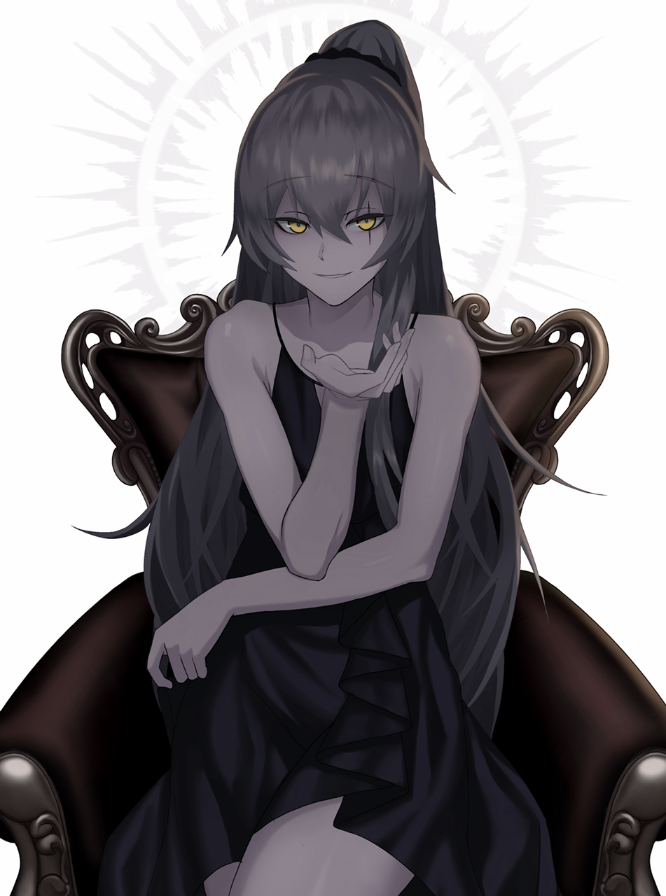 Anime girl with long dark hair sitting on a chair HD Phone Wallpaper