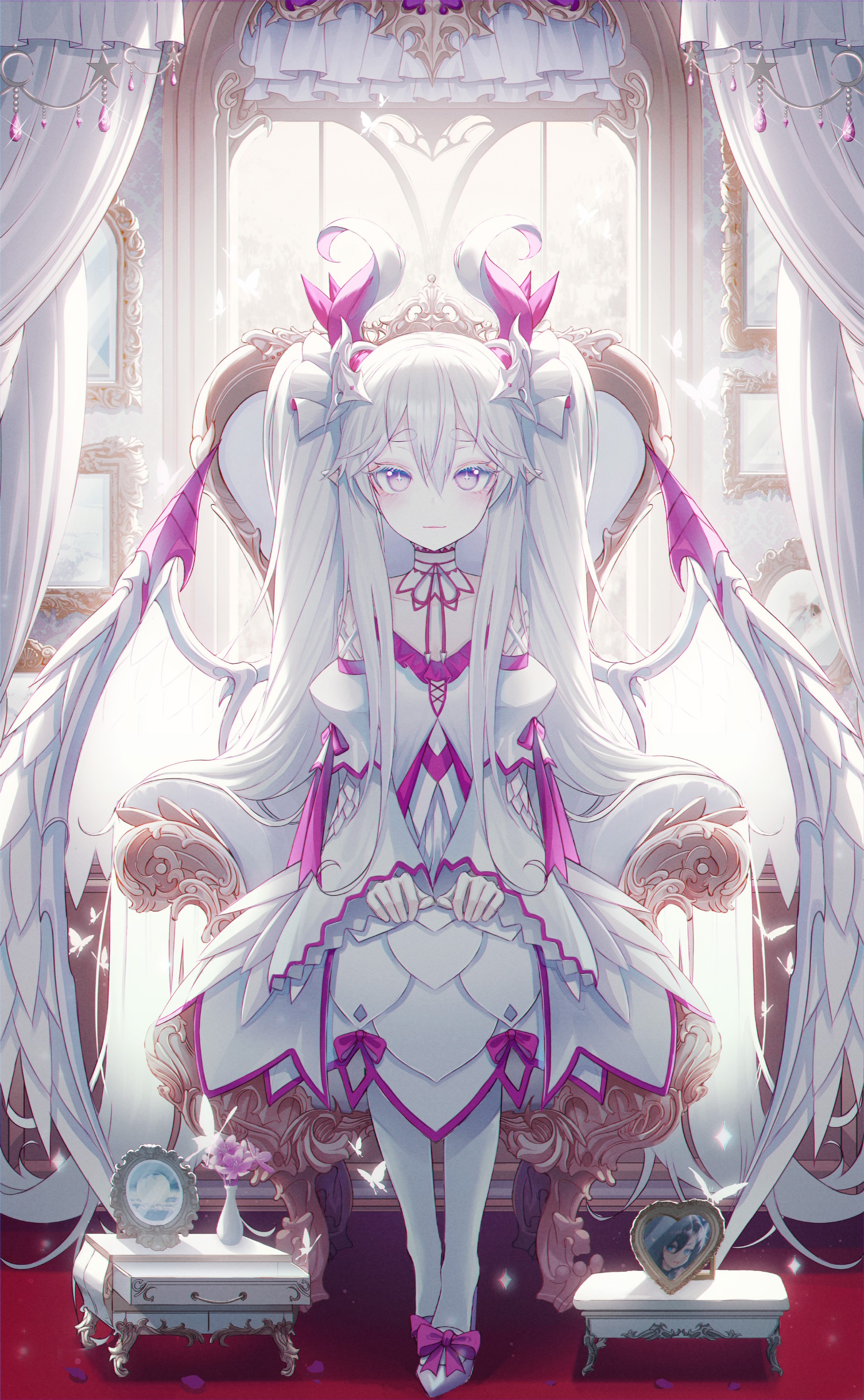 Anime girl with white hair and wings sitting on a throne HD Phone Wallpaper