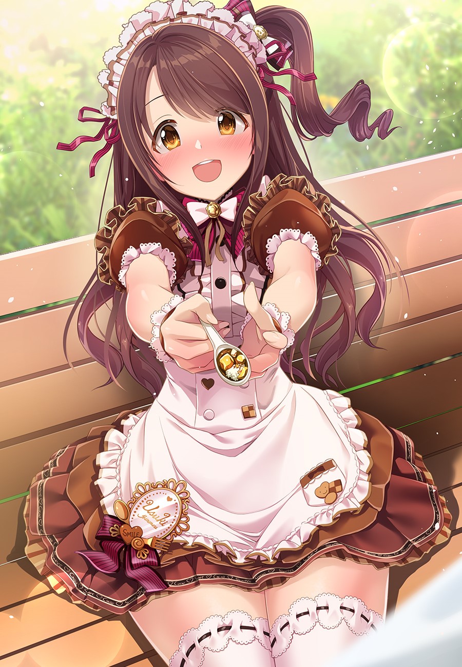 Anime girl in maid outfit offering food on spoon HD Phone Wallpaper