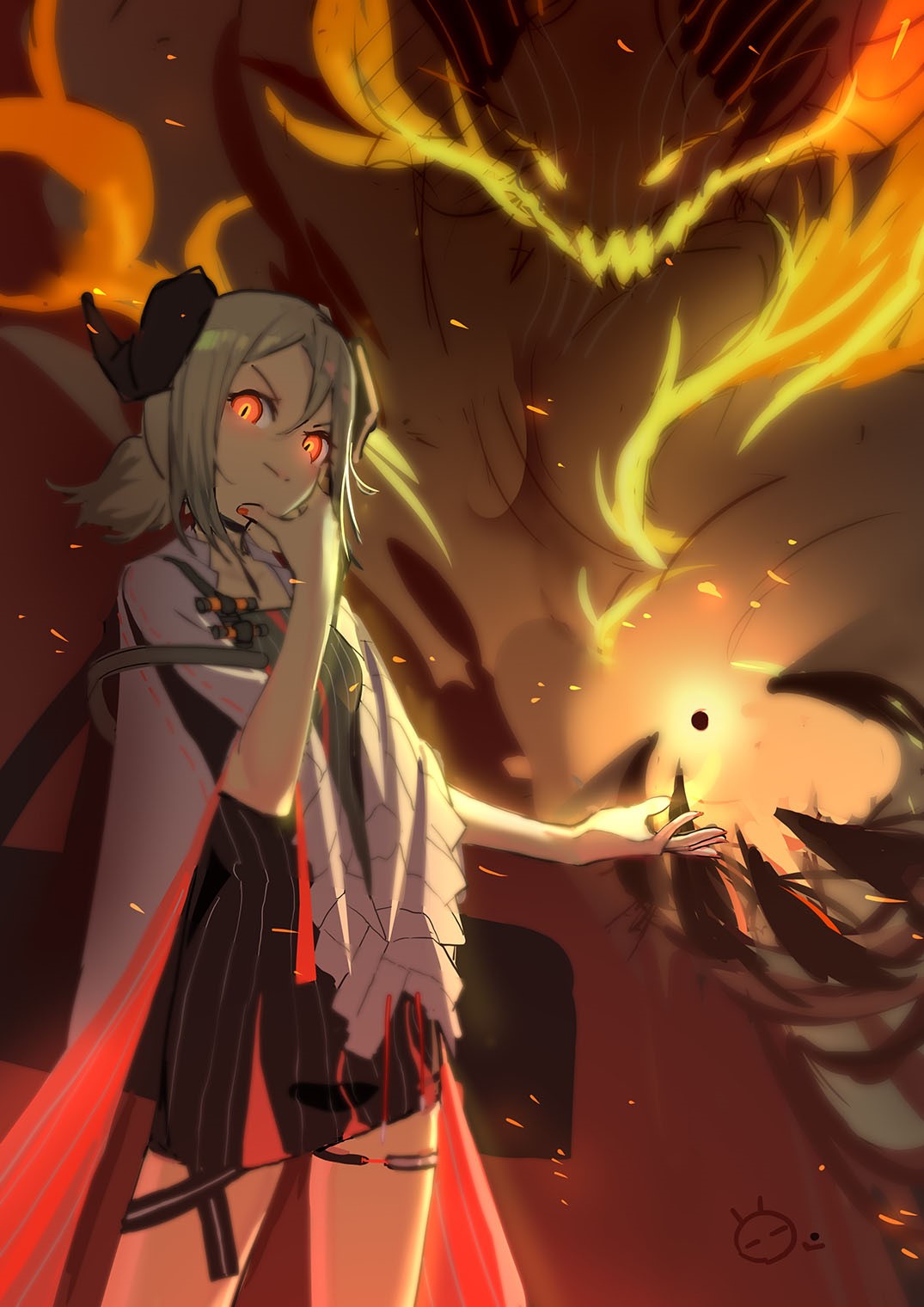 Anime girl with fiery demon behind her HD Phone Wallpaper