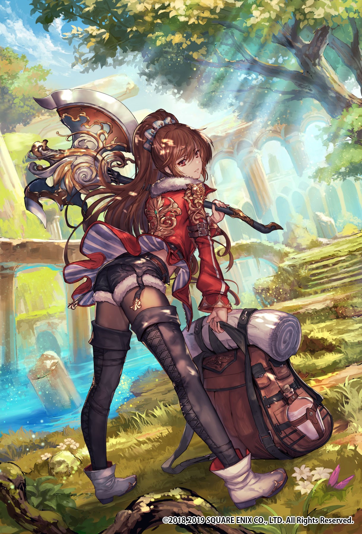 Girl with axe and backpack in ruins HD Phone Wallpaper