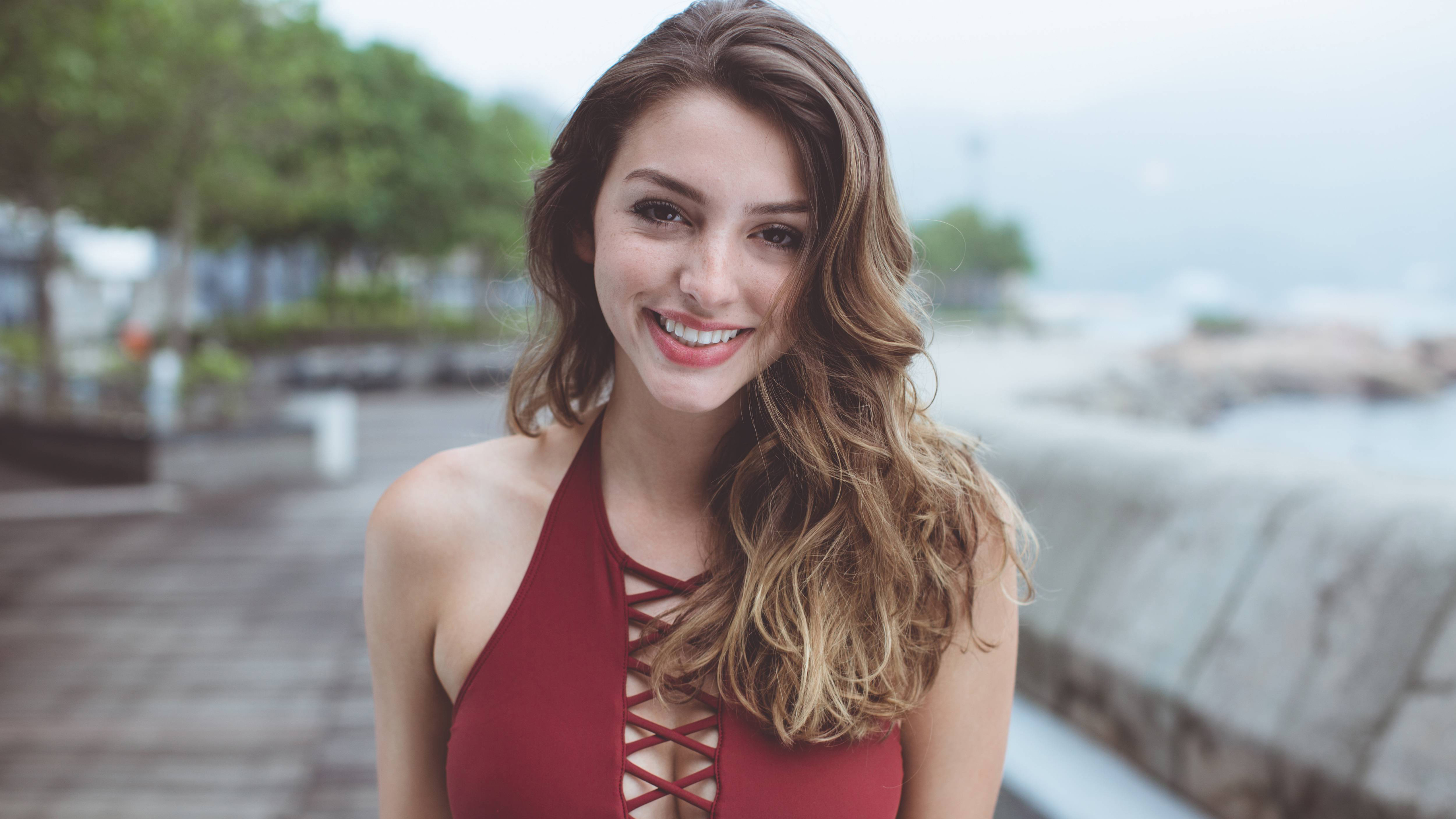 Celine Farach in a Red Swimsuit HD Wallpaper