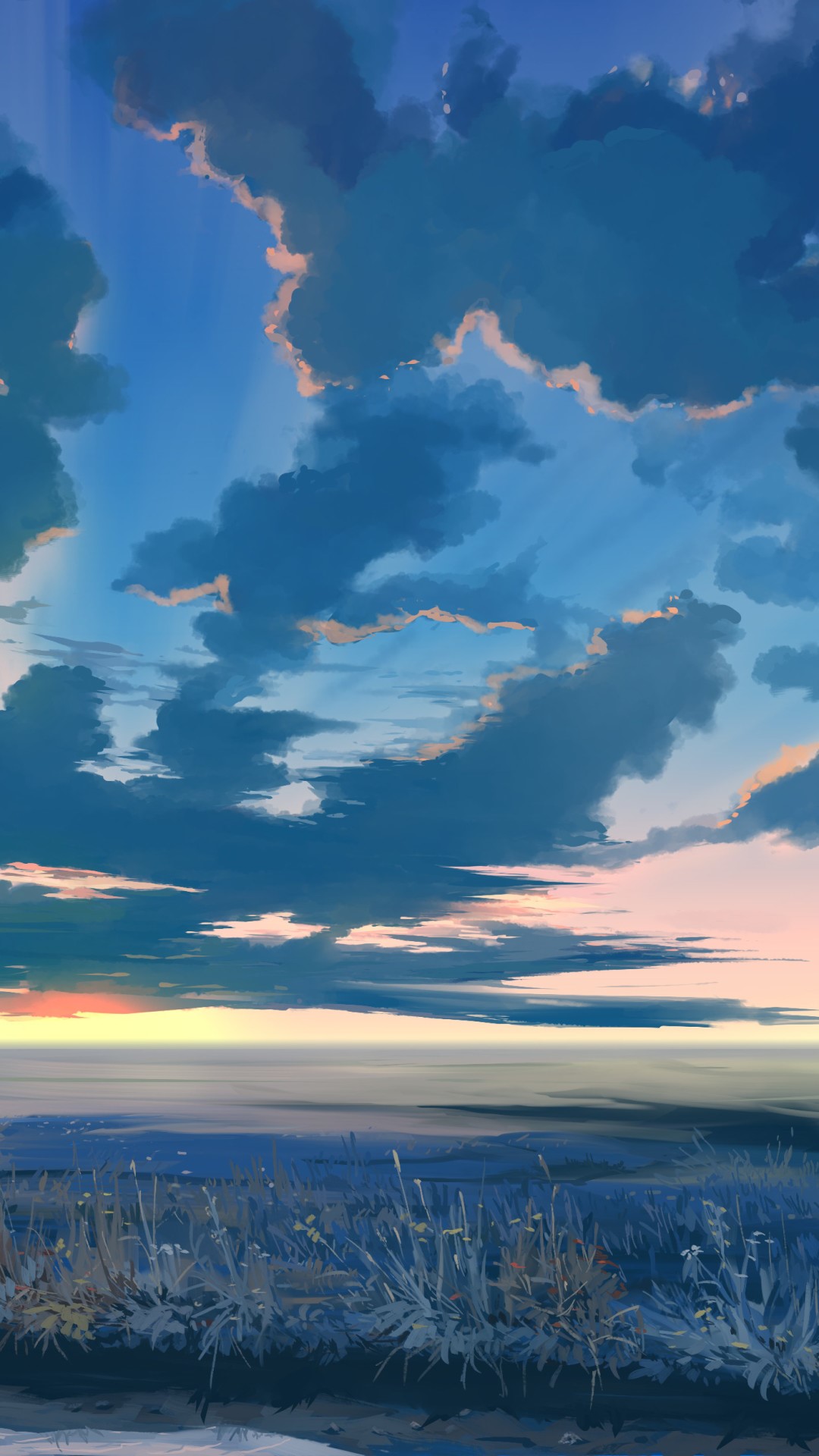 Anime sky with clouds over a grassy field HD Phone Wallpaper