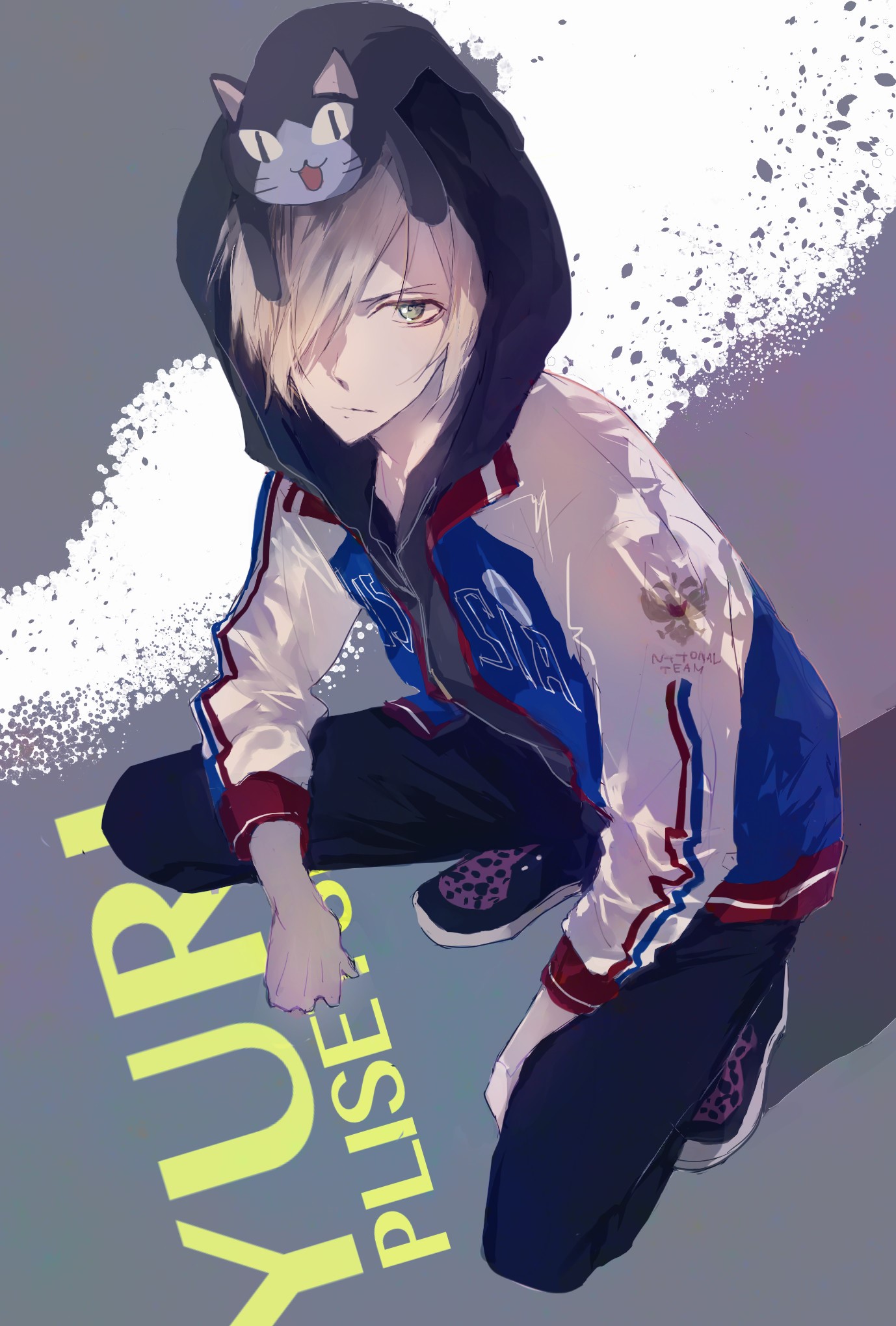 Yuri Katsuki from Yuri on Ice with a cat on his hood HD Phone Wallpaper