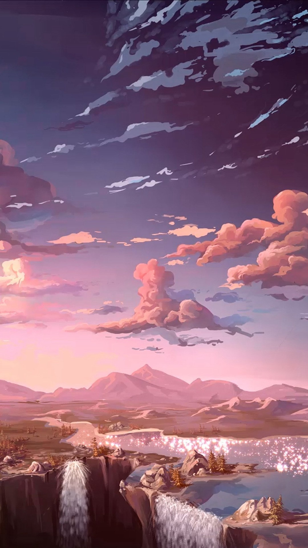 Anime landscape with waterfalls and mountains at sunset HD Phone Wallpaper