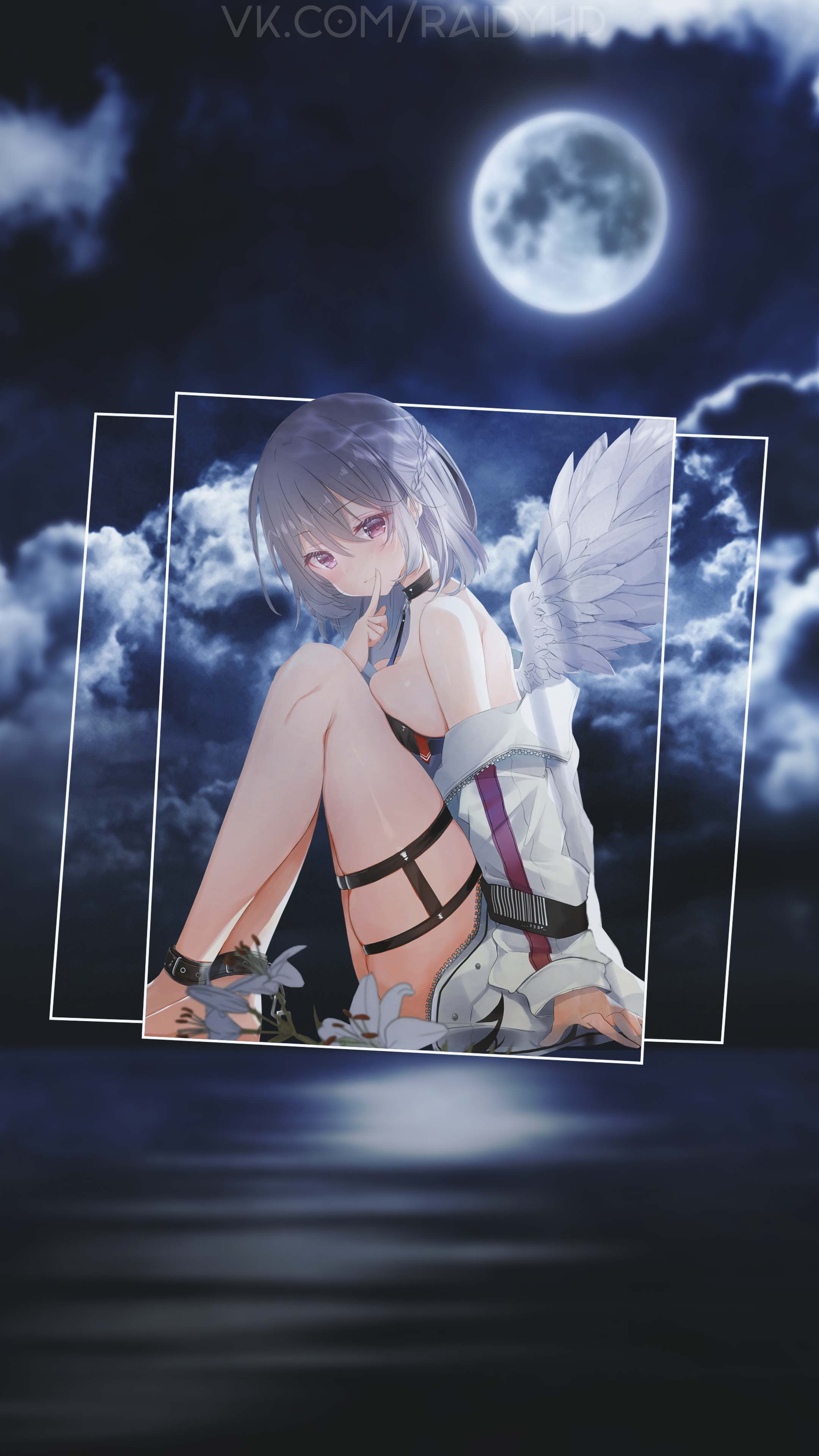 Anime girl with wings under the moon HD Phone Wallpaper