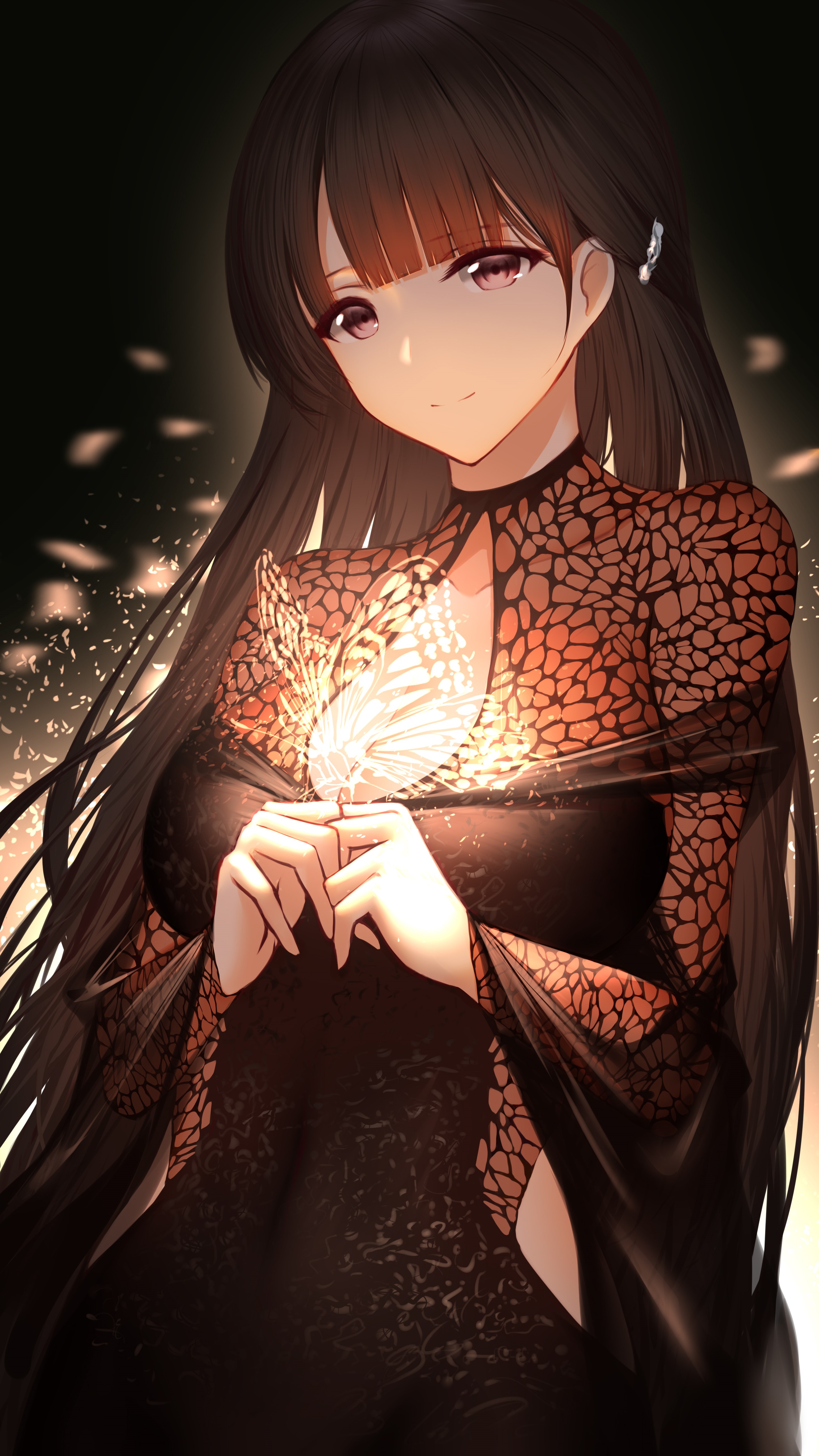 Anime girl in black dress holding a butterfly HD Phone Wallpaper