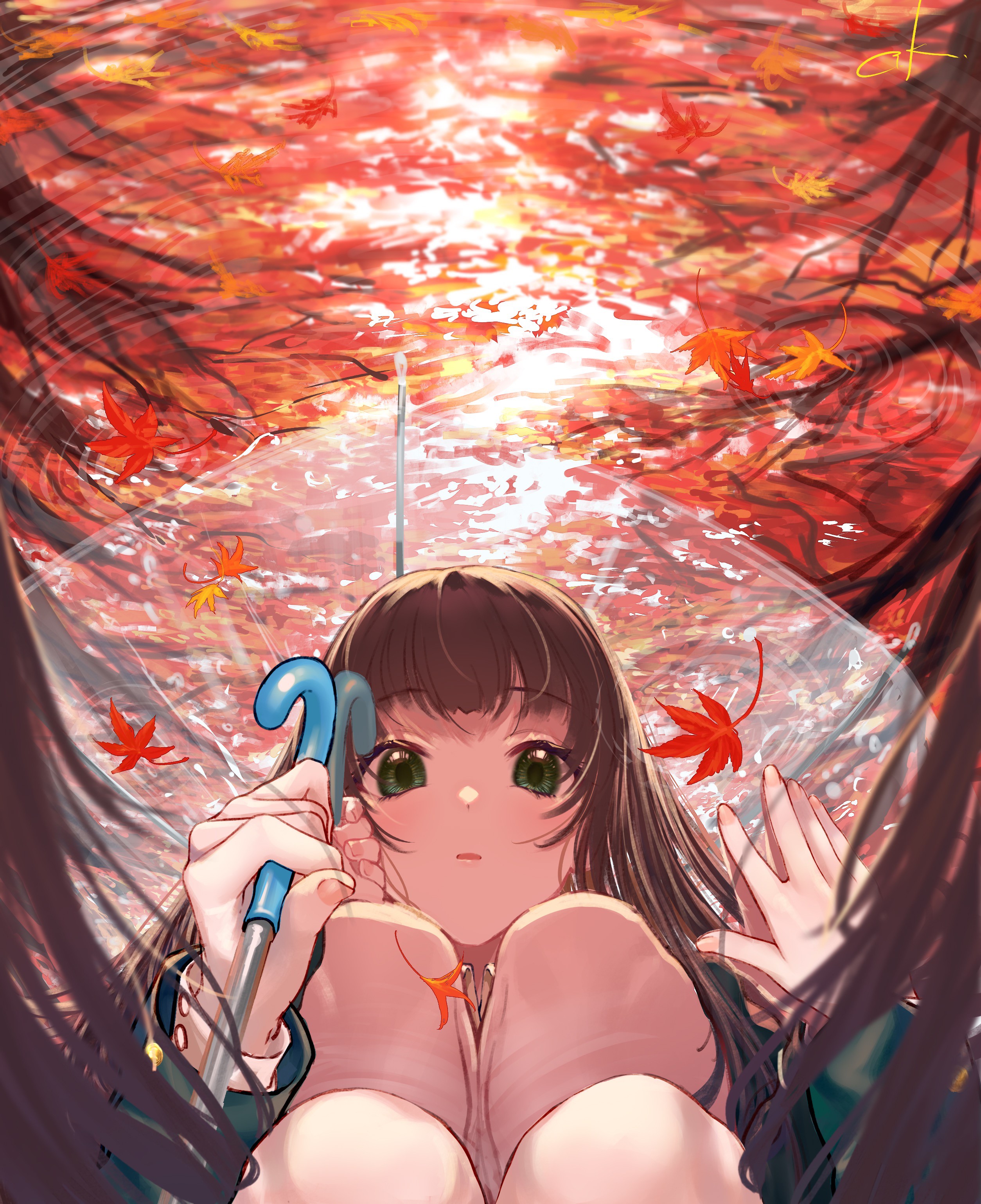 Anime girl under umbrella with falling autumn leaves HD Phone Wallpaper