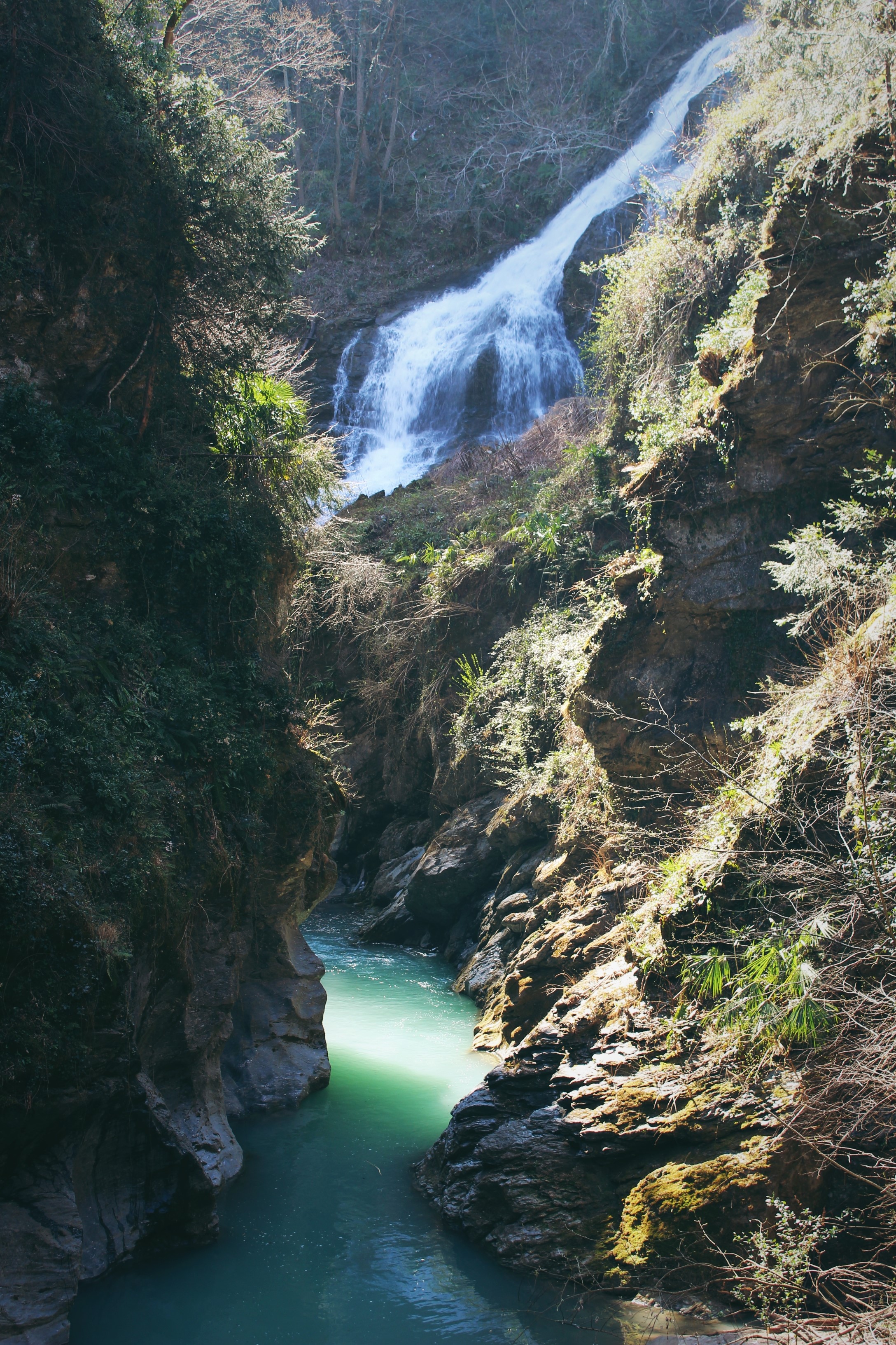 Waterfall and river in a rocky gorge in Italy HD Phone Wallpaper