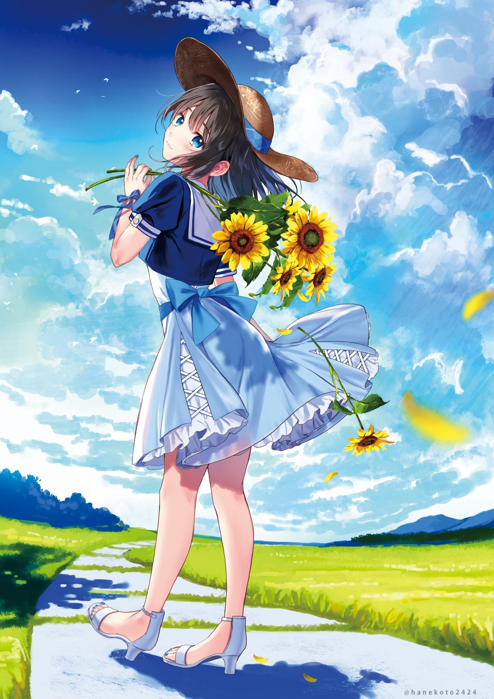 Anime girl with sunflowers and straw hat HD Phone Wallpaper