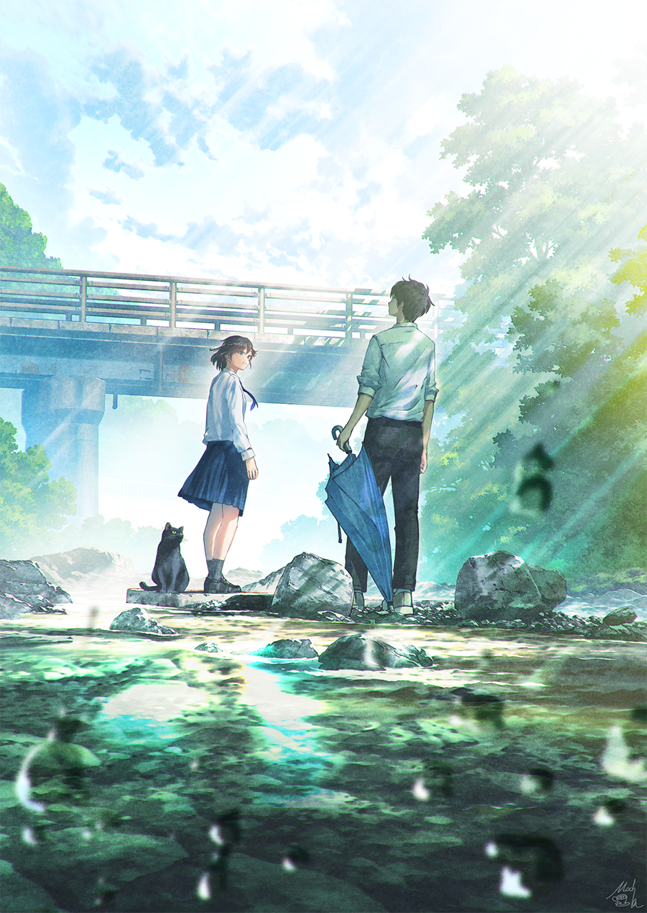 Anime girl and boy with cat under bridge HD Phone Wallpaper