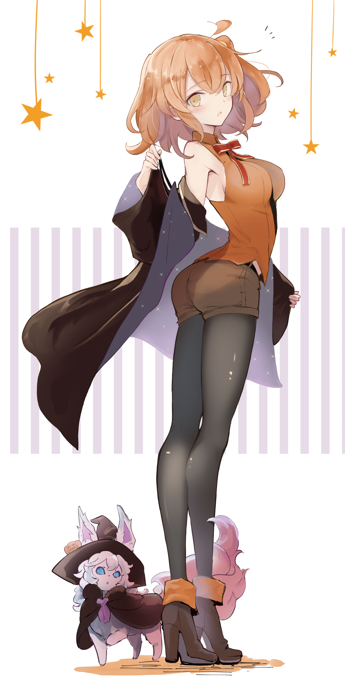 Anime girl in witch costume with a small creature HD Phone Wallpaper