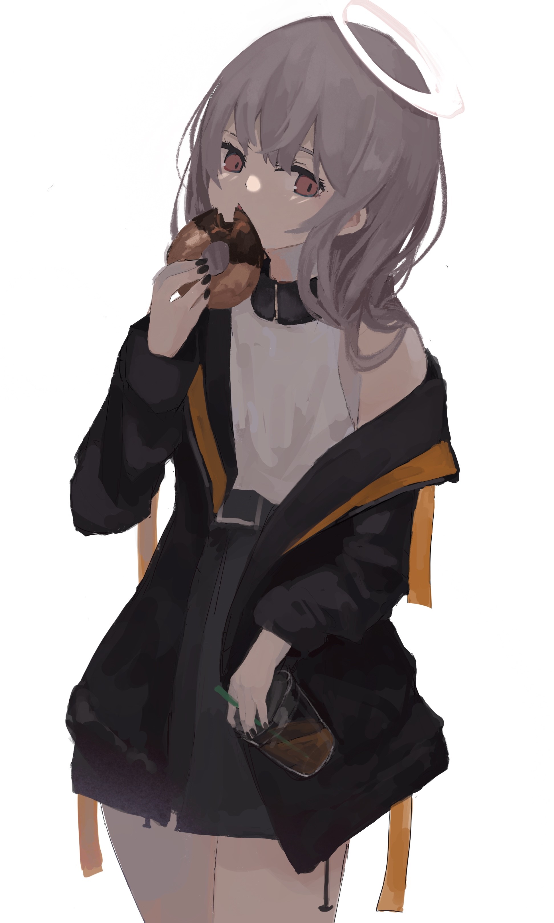 Anime girl with halo eating donut and holding coffee HD Phone Wallpaper