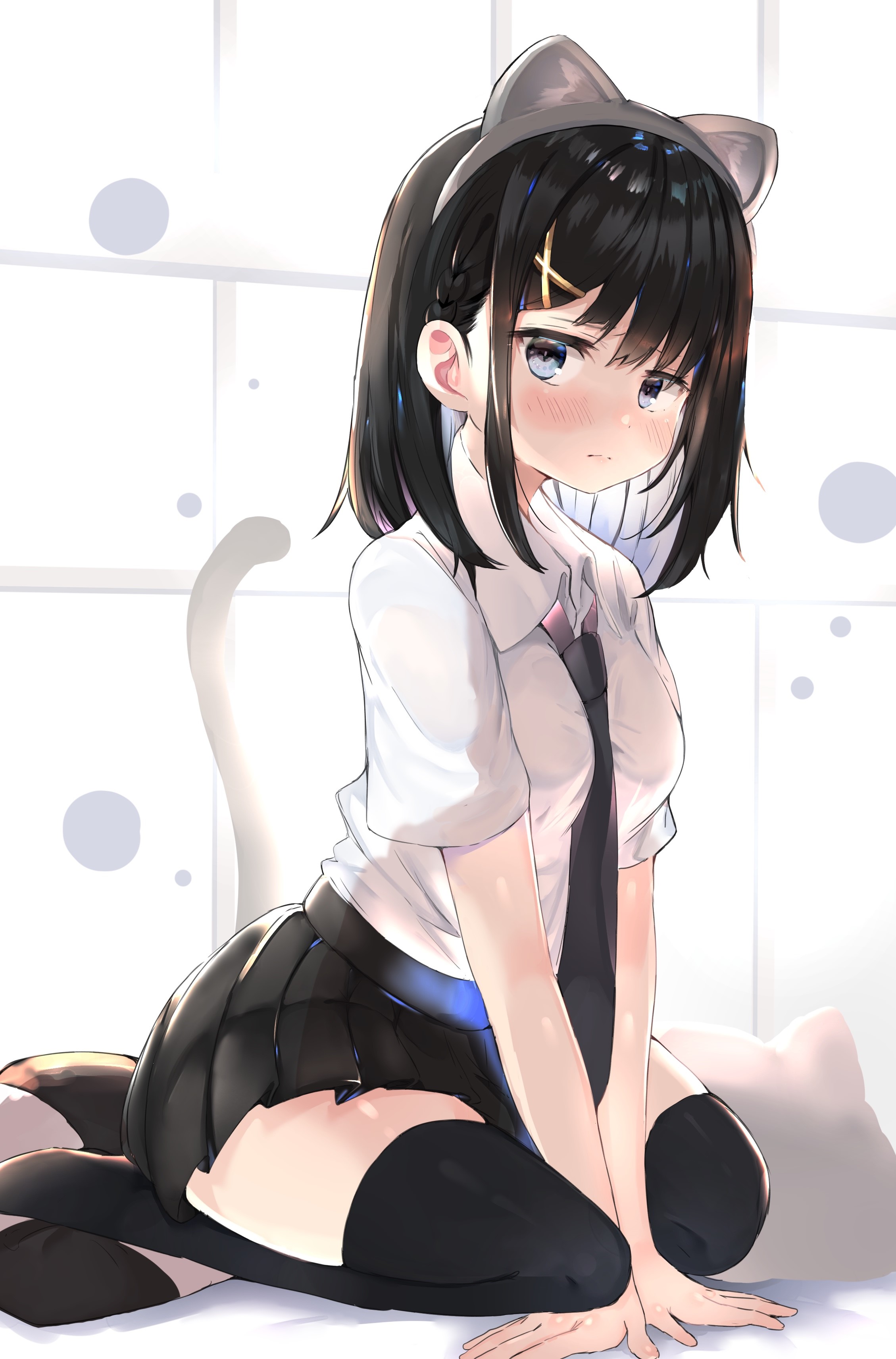 Cat girl in school uniform kneeling HD Phone Wallpaper