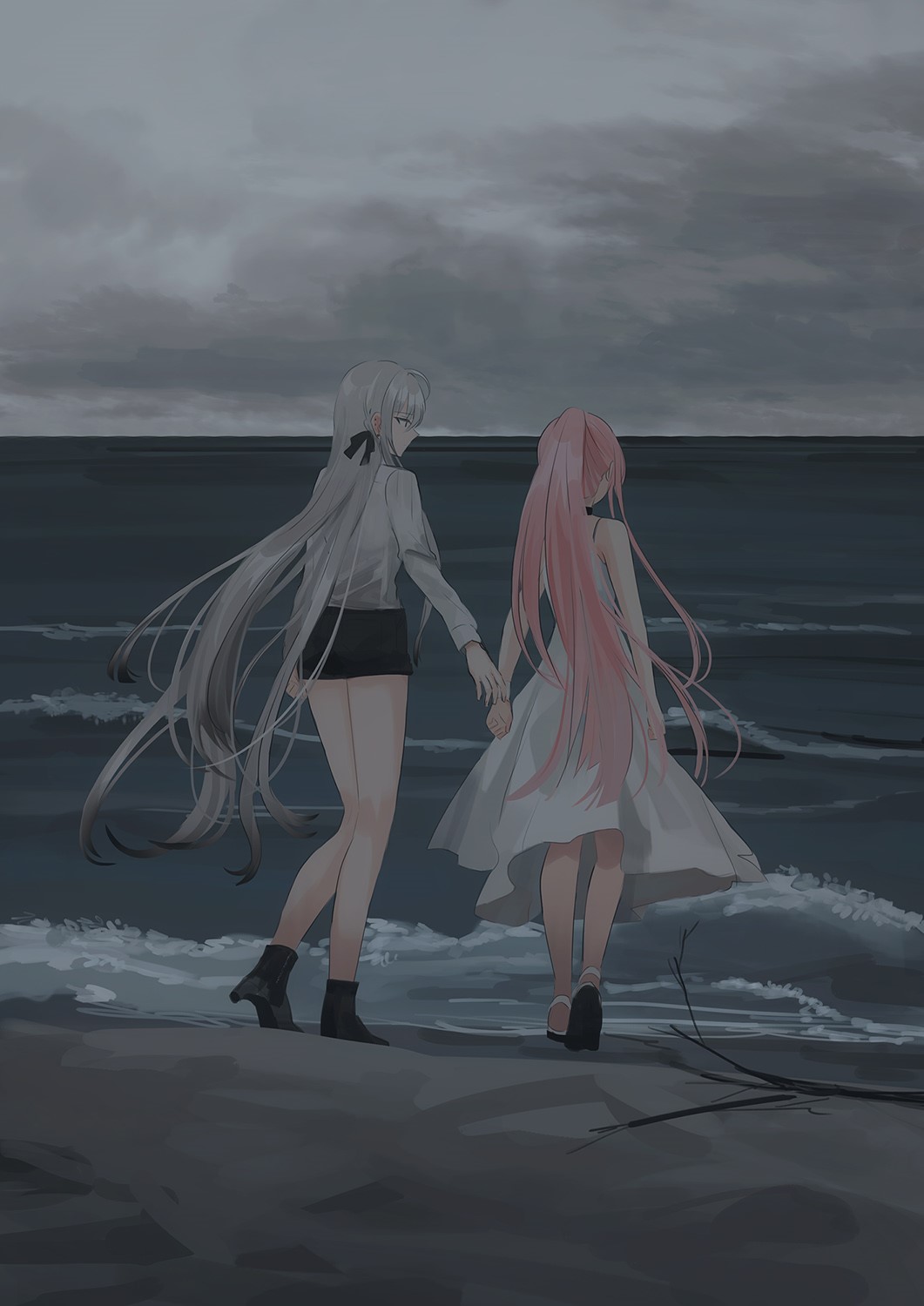 Two anime girls holding hands on a beach HD Phone Wallpaper