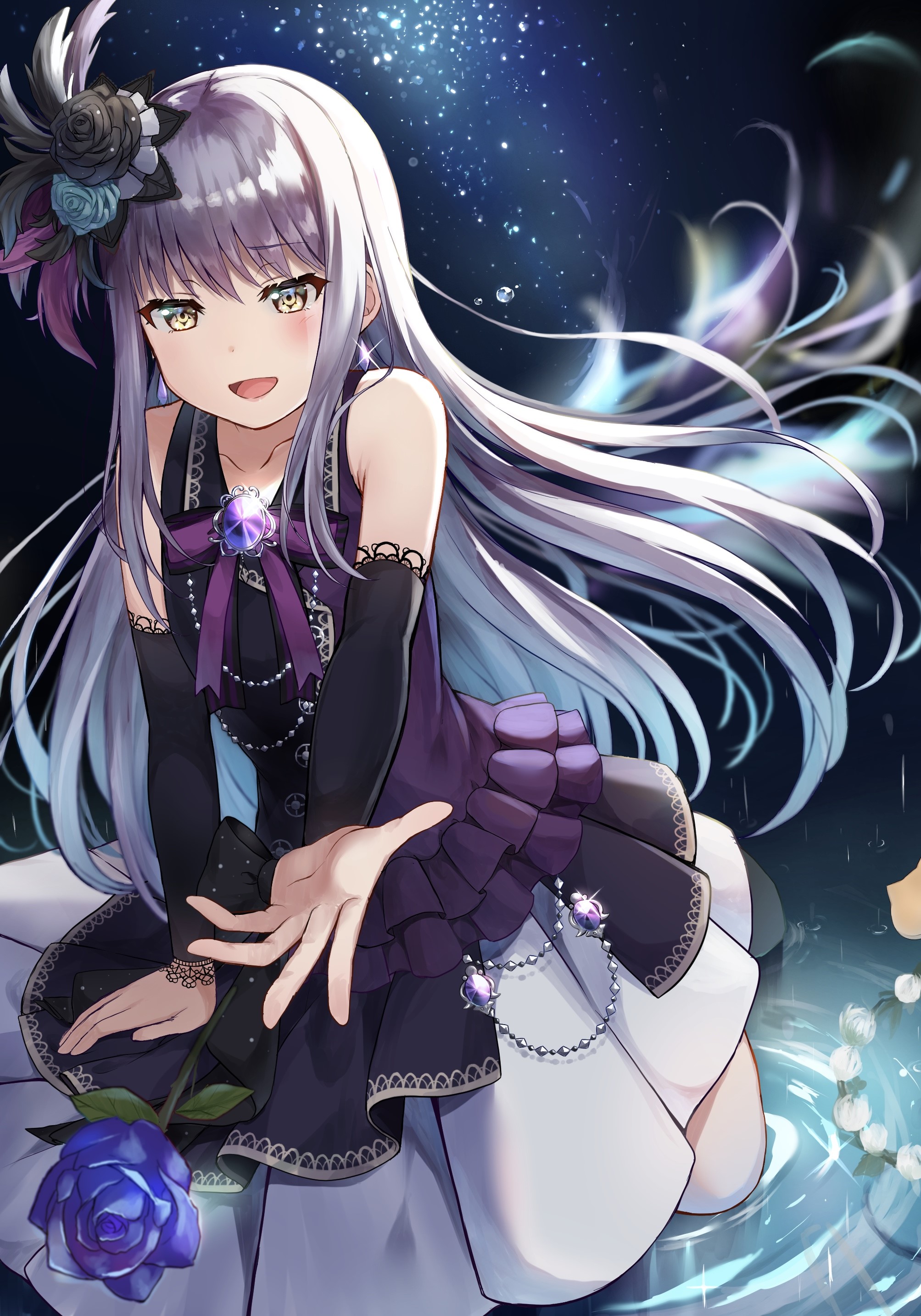 Anime girl with silver hair and purple dress HD Phone Wallpaper