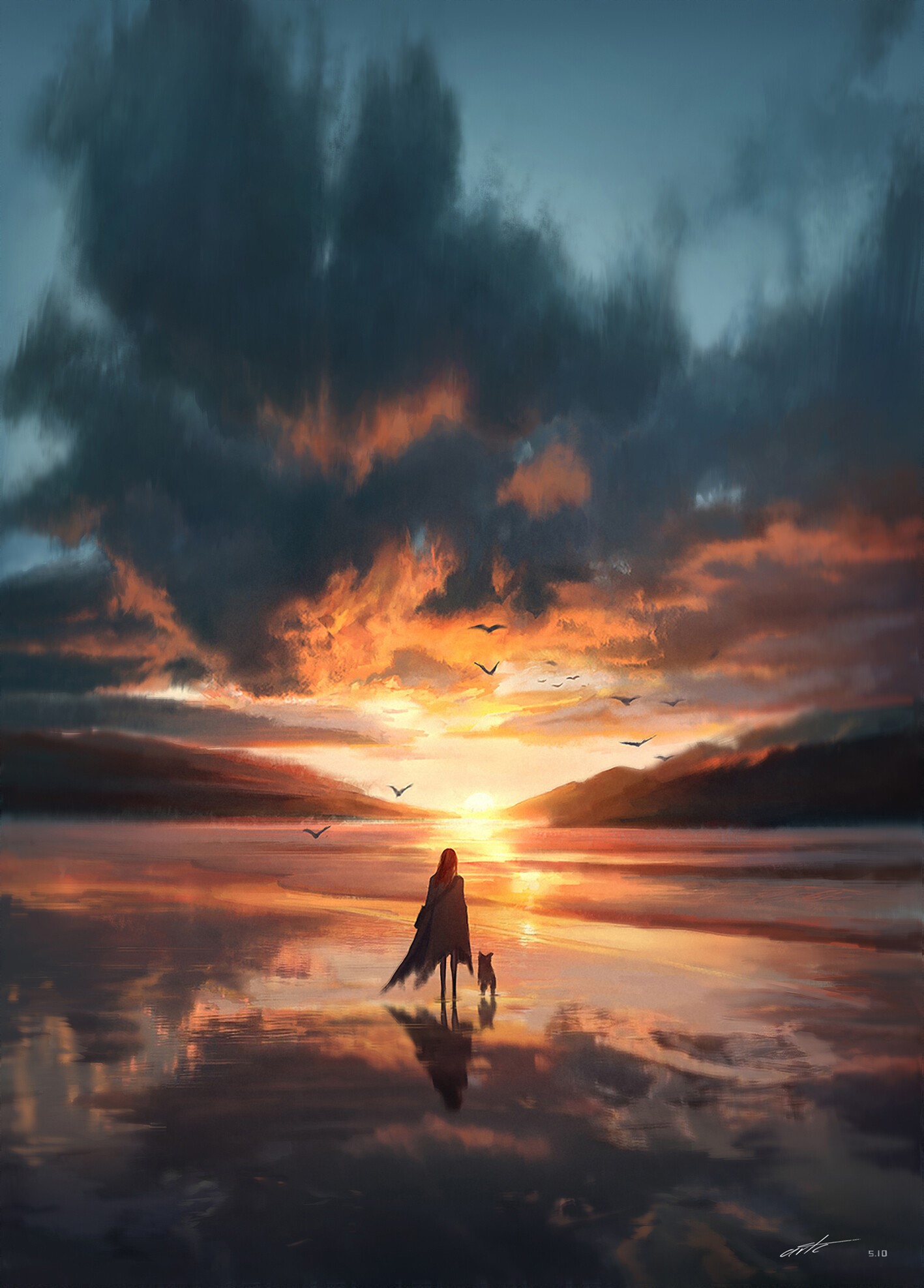 Person and dog on beach at sunrise with dramatic clouds HD Phone Wallpaper