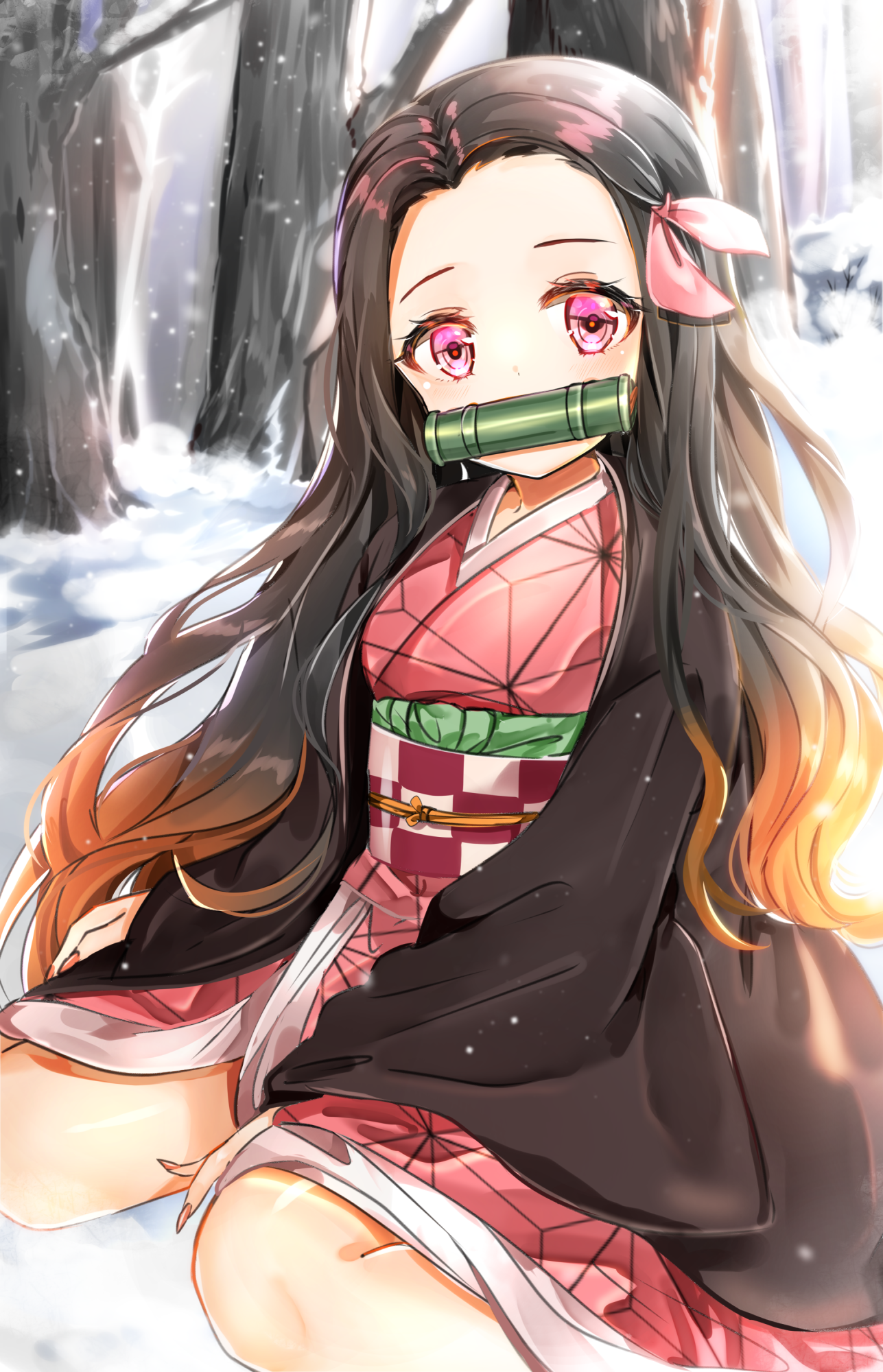 Kamado Nezuko from Kimetsu no Yaiba in a snowy forest HD Phone Wallpaper