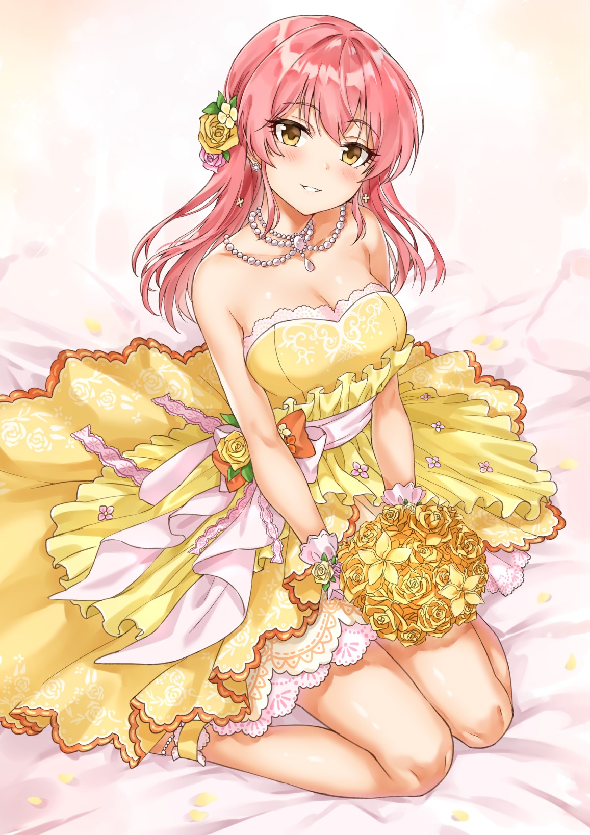 Anime girl in yellow dress holding bouquet HD Phone Wallpaper