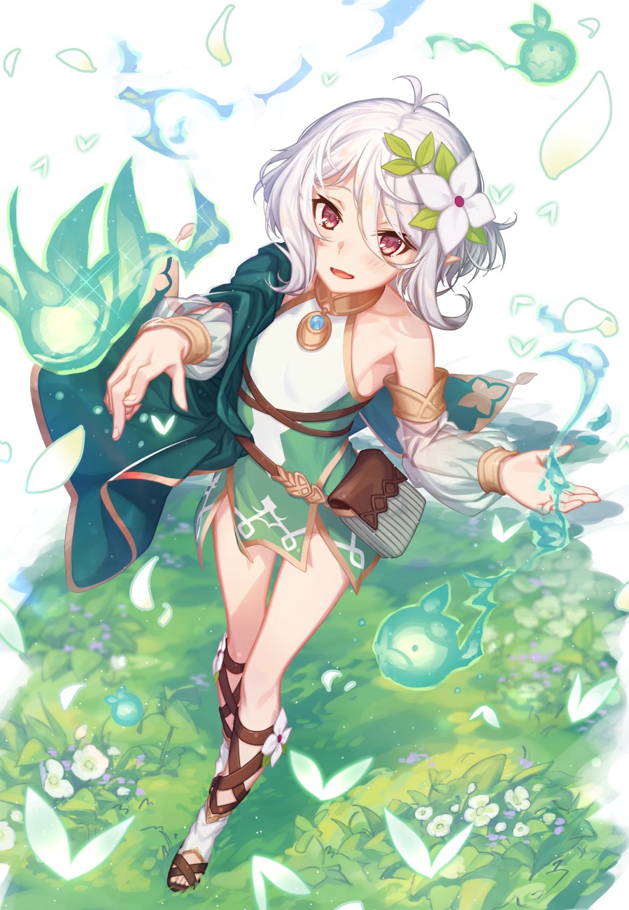 Anime girl with white hair and green outfit in a field HD Phone Wallpaper