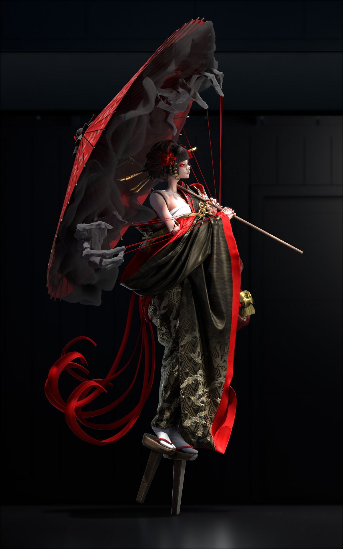 Japanese puppet in kimono with umbrella HD Phone Wallpaper