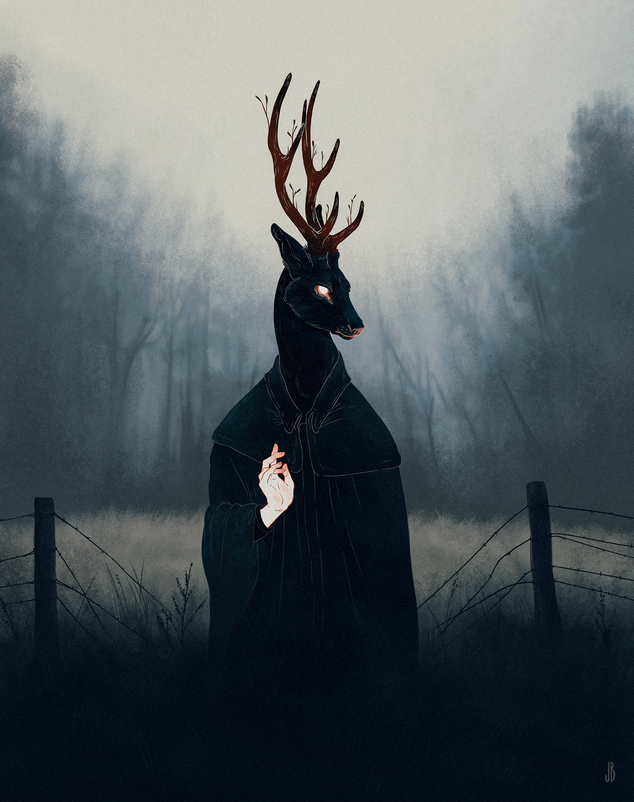 Fantasy art of a deer-headed figure in a dark cloak HD Phone Wallpaper