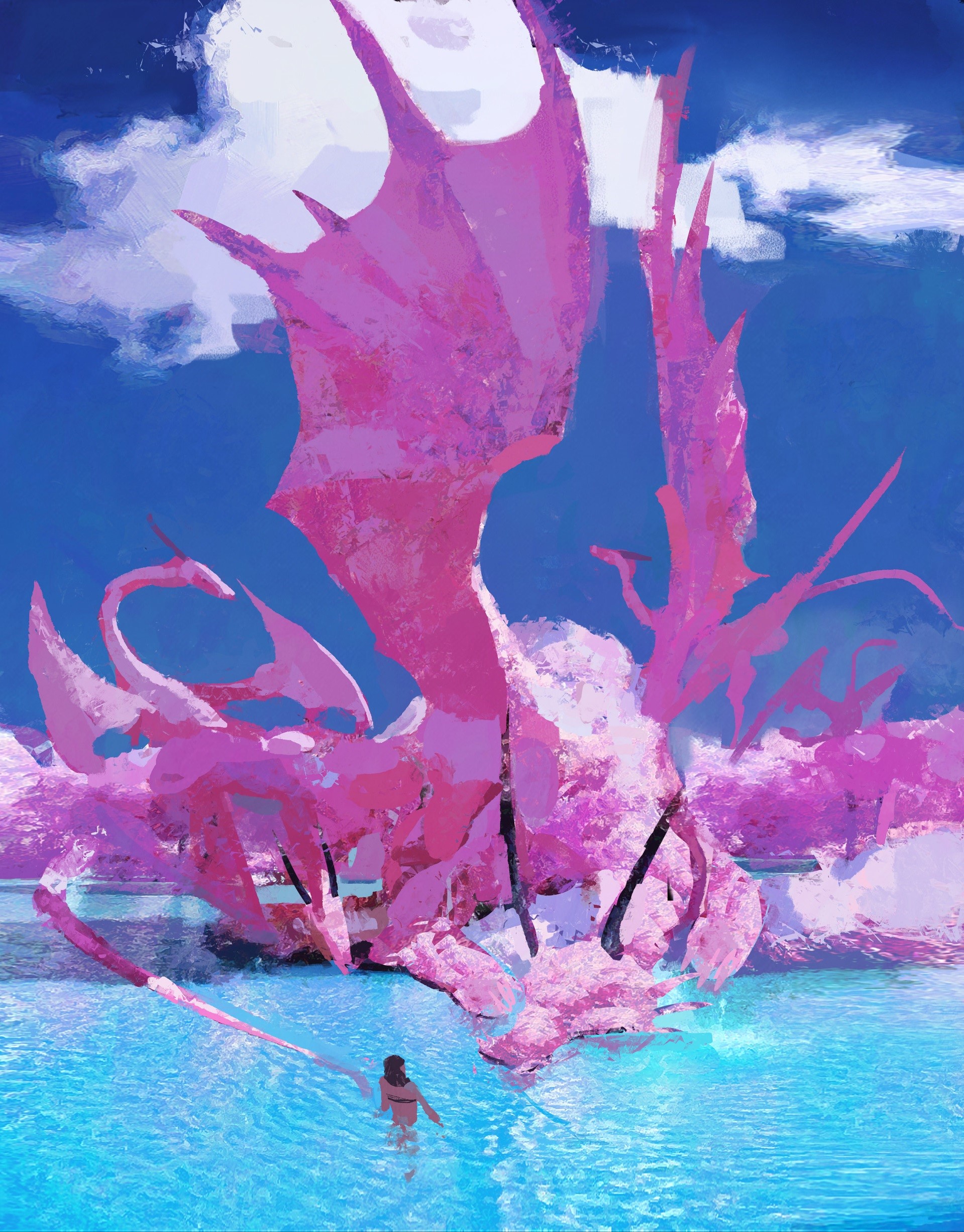 Pink Dragon and Woman in Water HD Phone Wallpaper