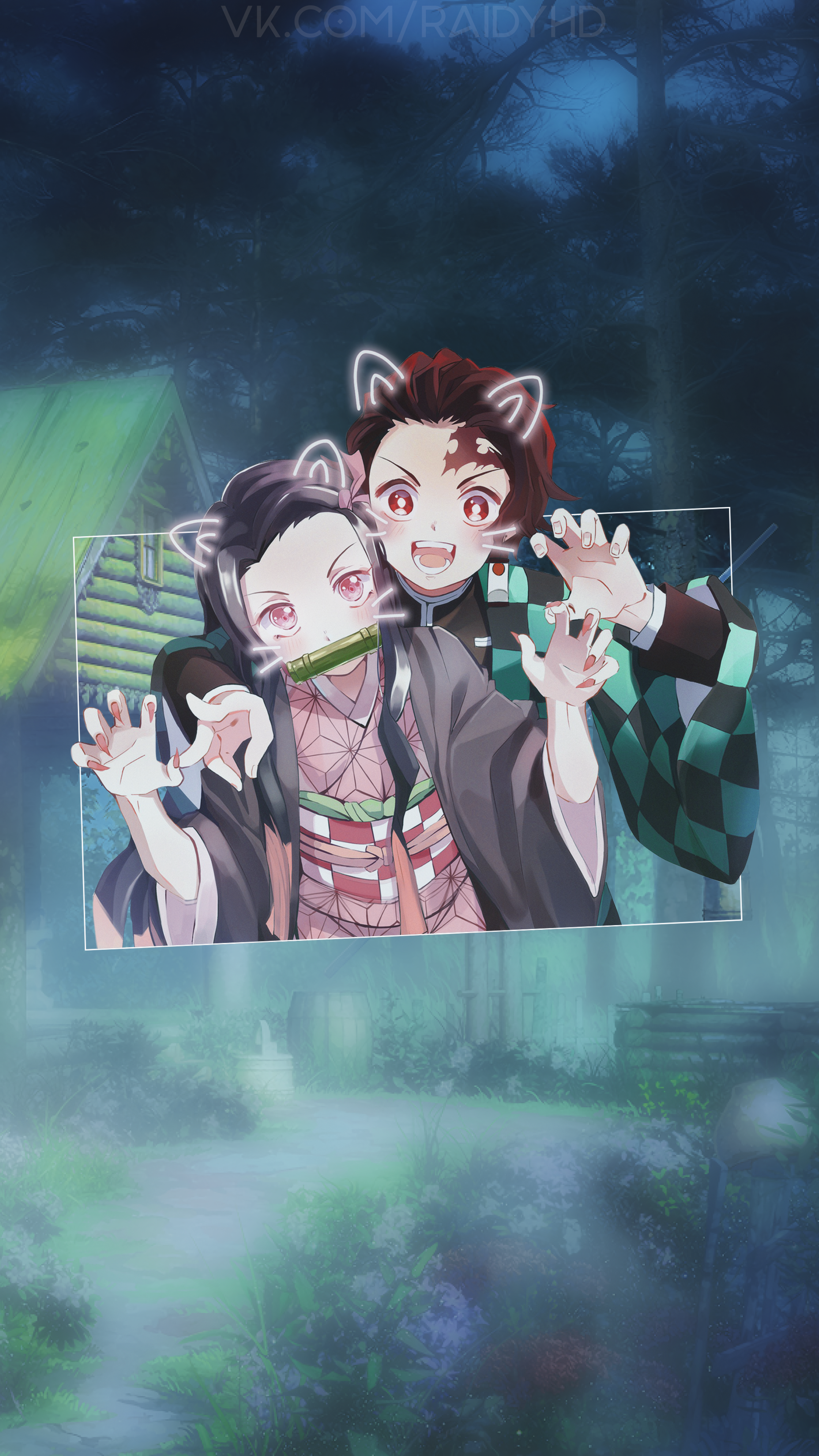 Tanjiro and Nezuko from Demon Slayer with cat ears HD Phone Wallpaper
