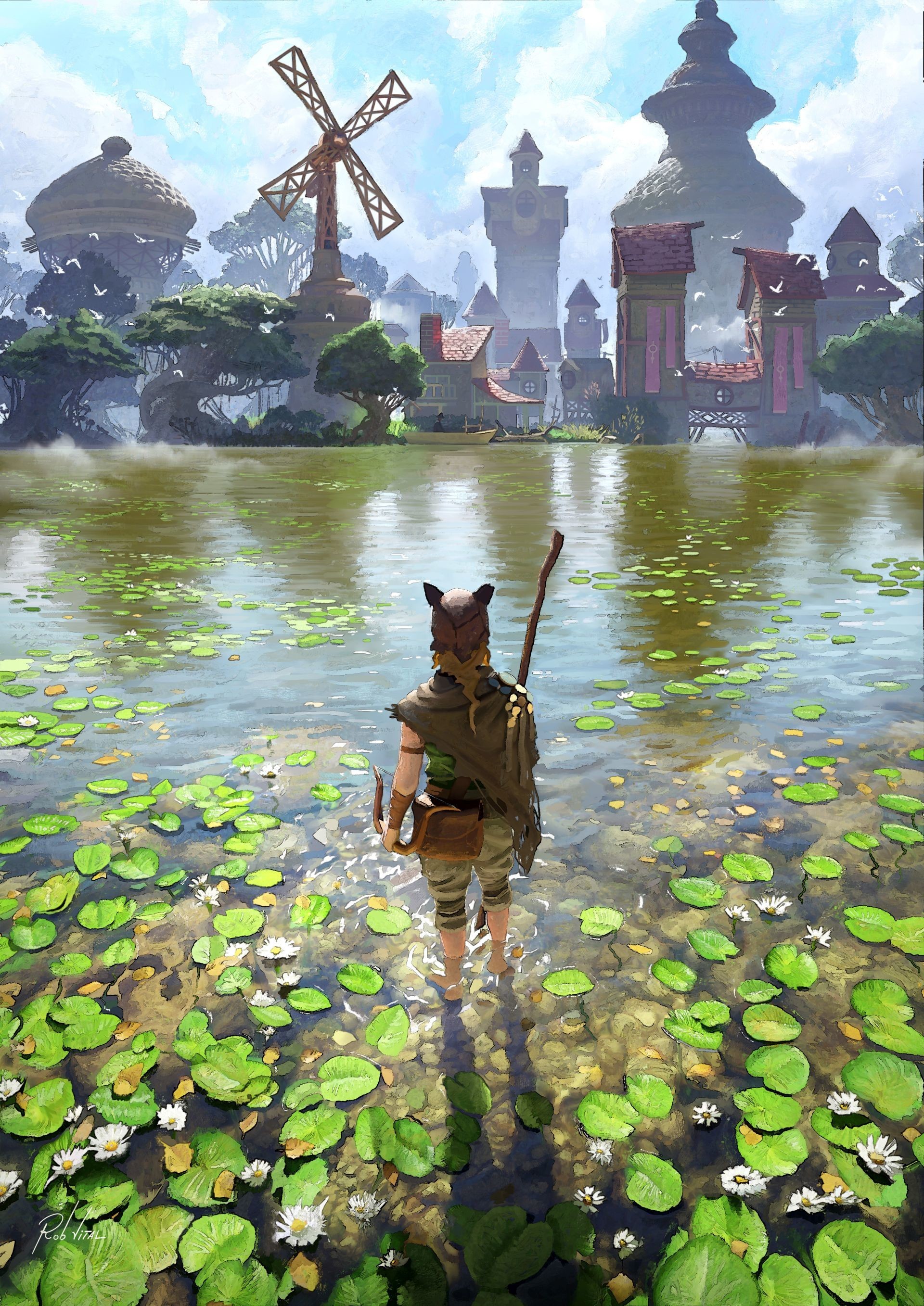 Fantasy character in a village by the water HD Phone Wallpaper